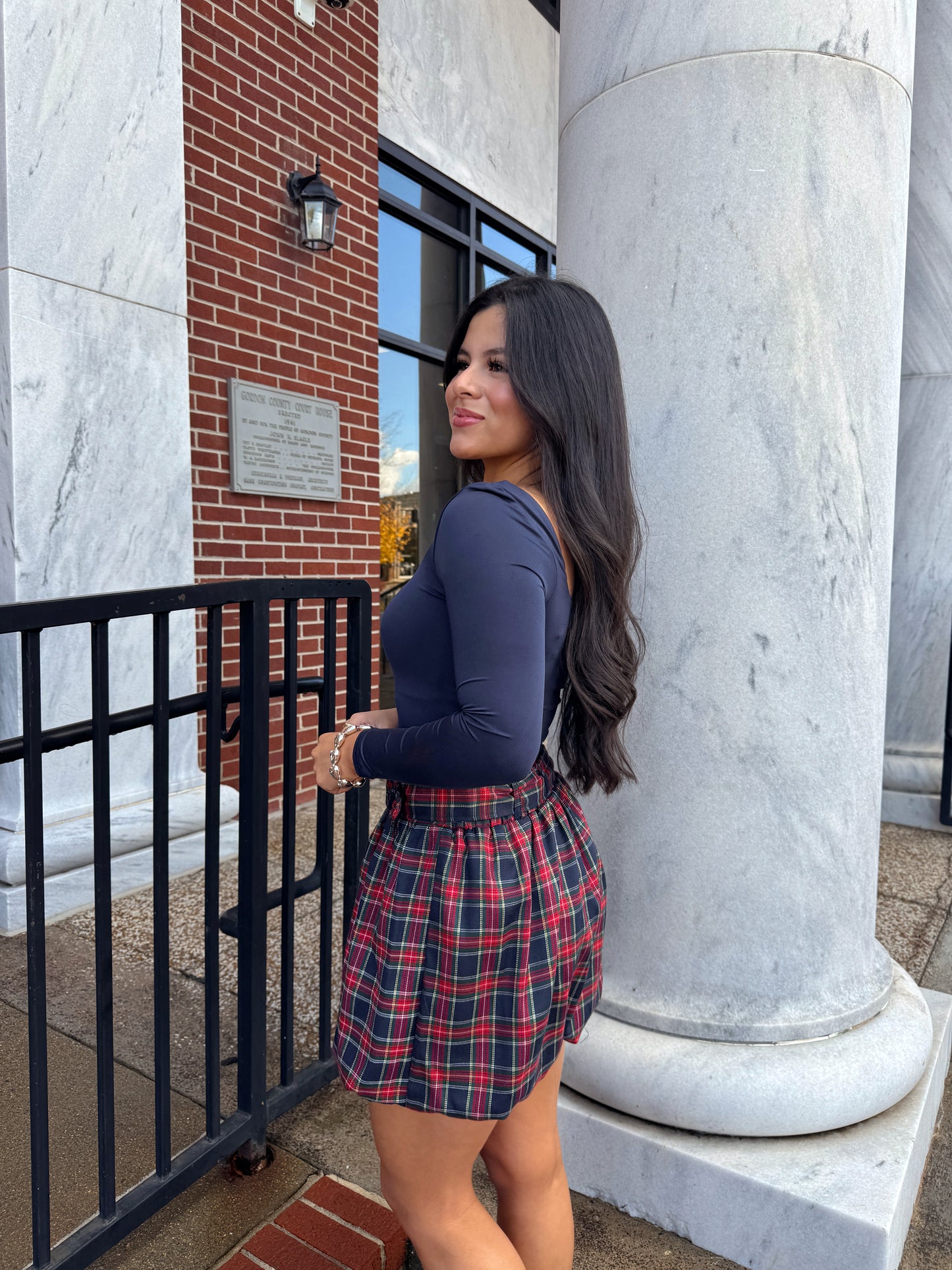 Navy Christmas Plaid Bubble Skirt