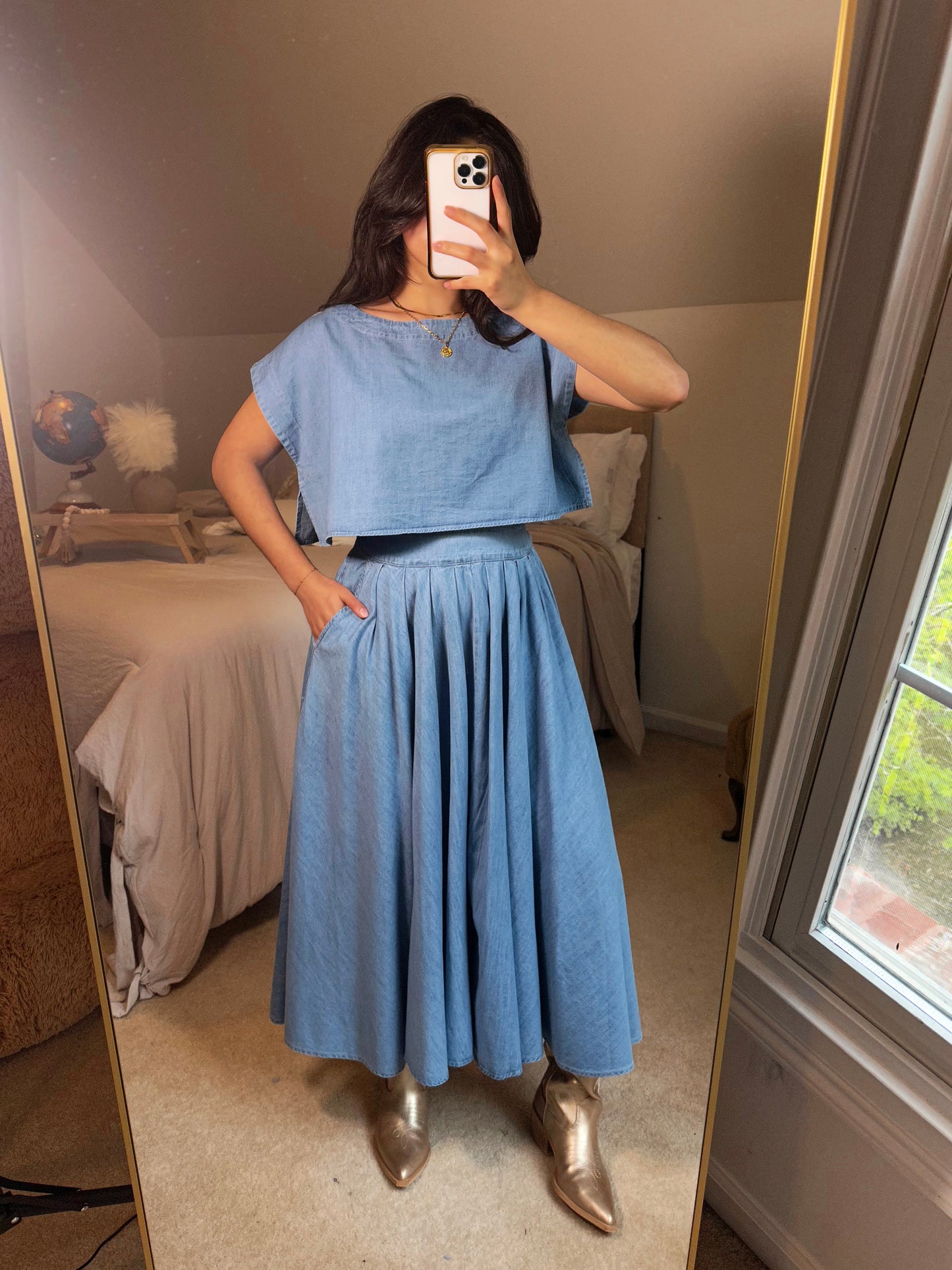 Denim Top and Poplin Pleated Skirt Set