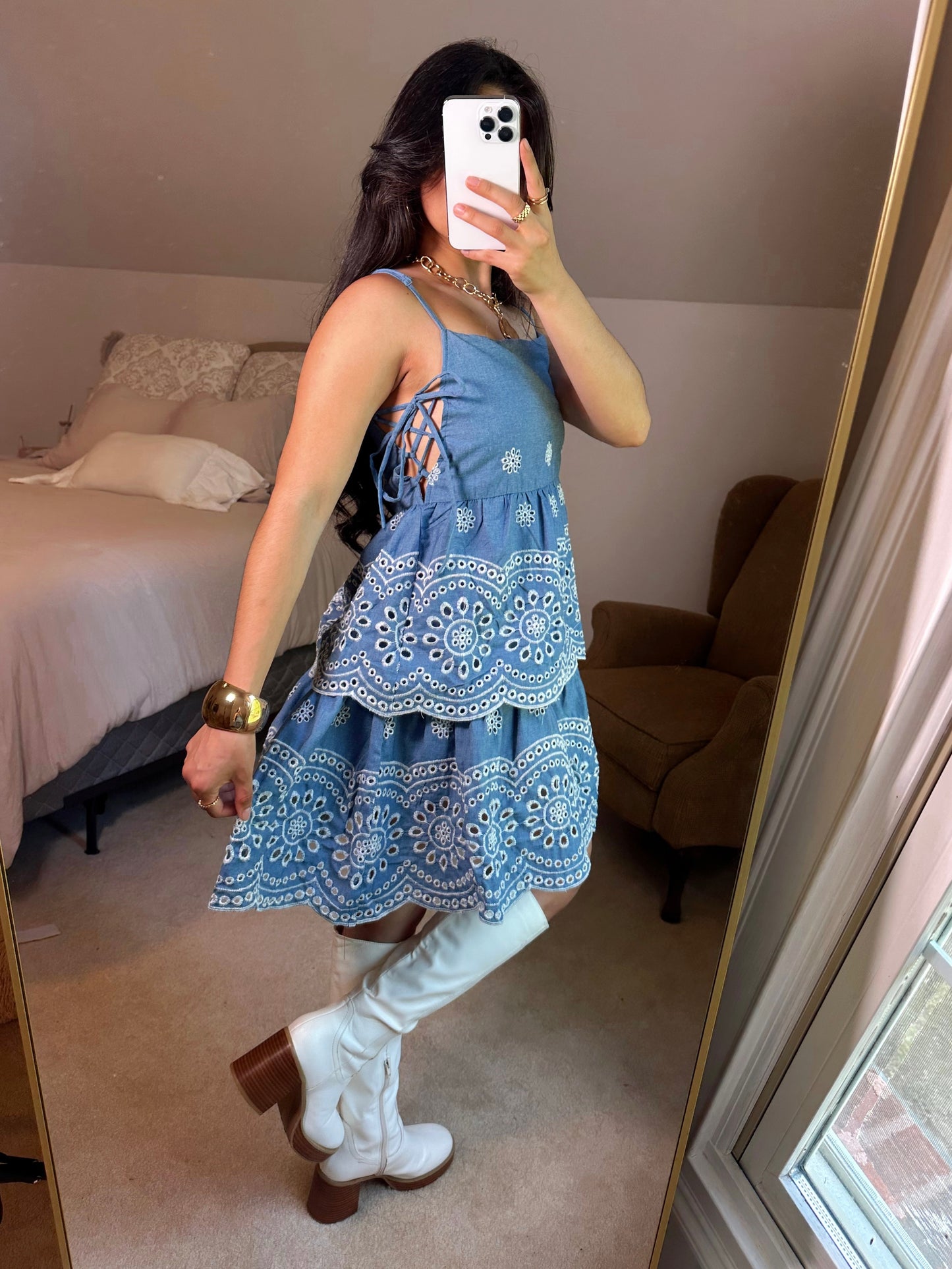 Blue Floral Embroidery Dress