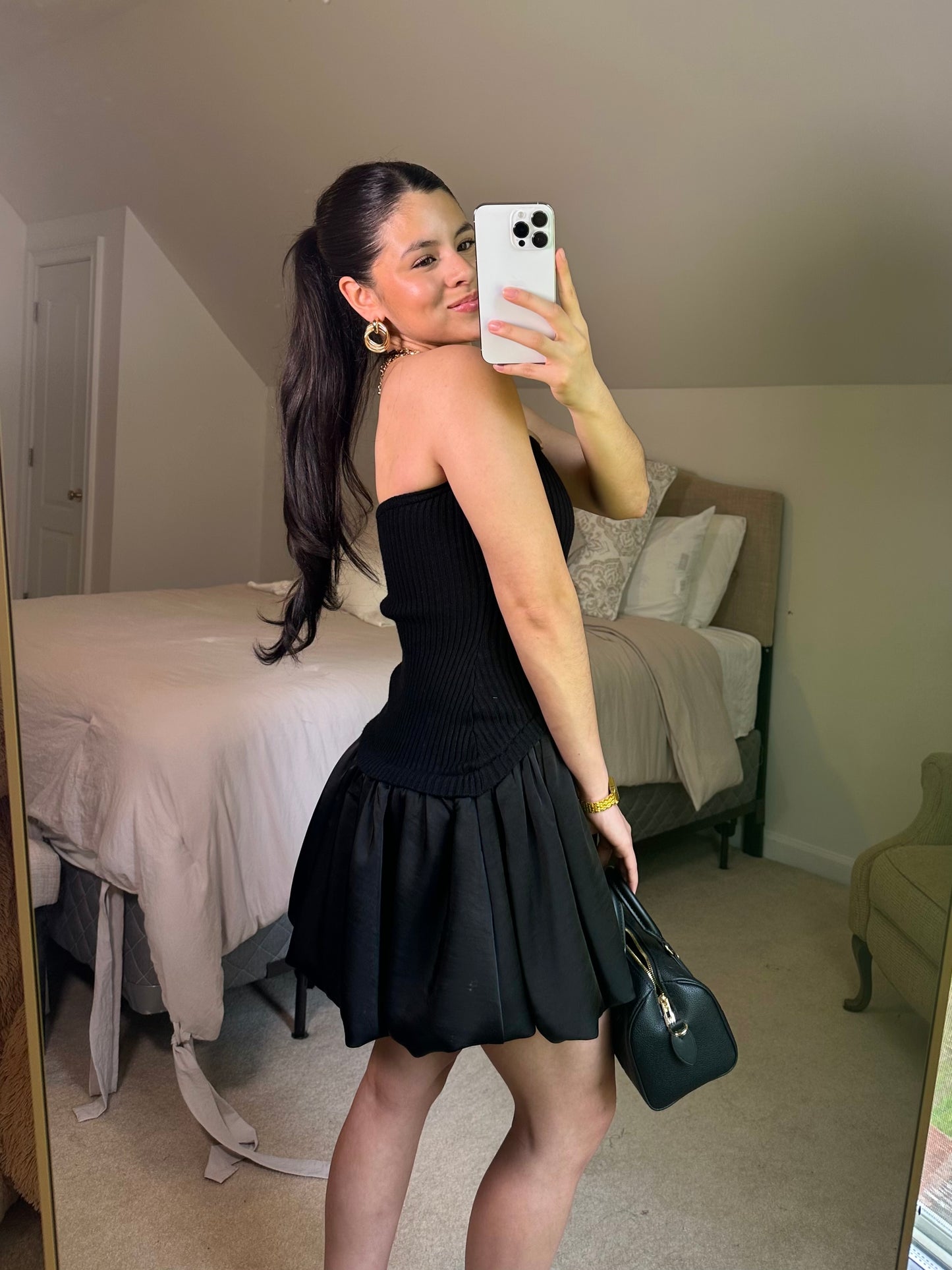 Black Mixed Sweater & Bubble Hem Mini Dress