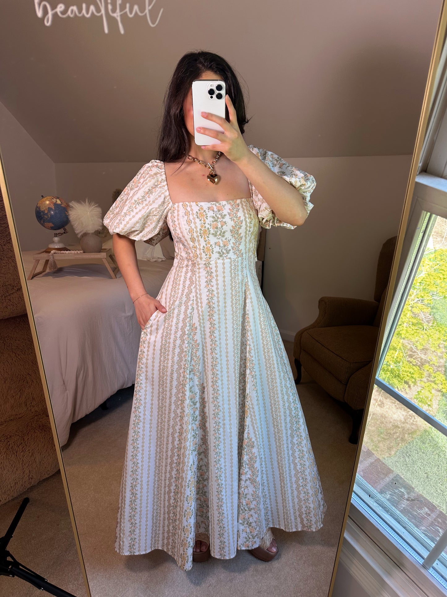 Peach Florals Puff Sleeve Maxi Dress