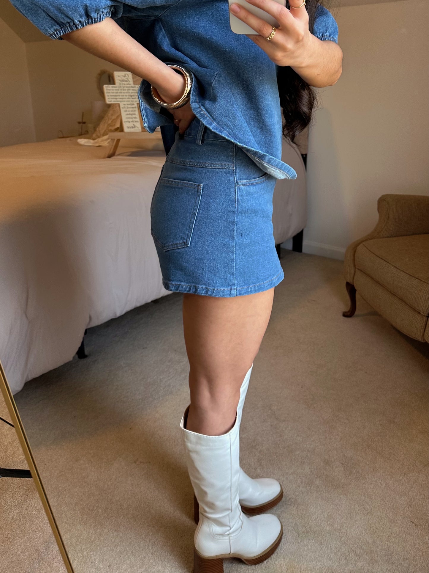 Denim Puff Sleeve Top & Shorts Set