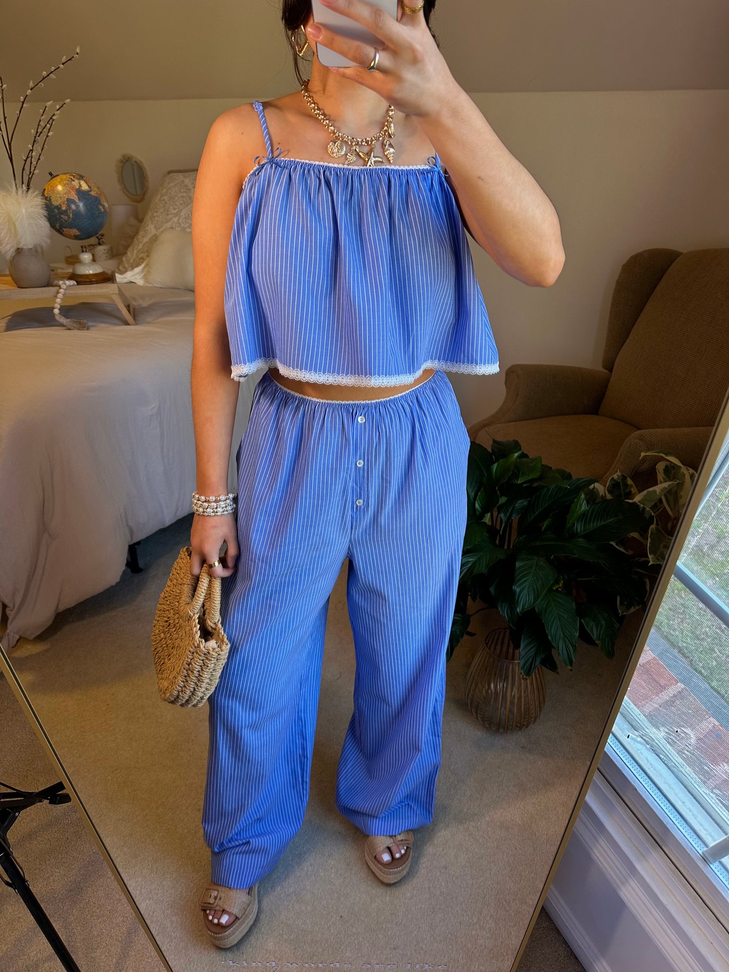 Blue Striped Poplin Cami & Pants Set