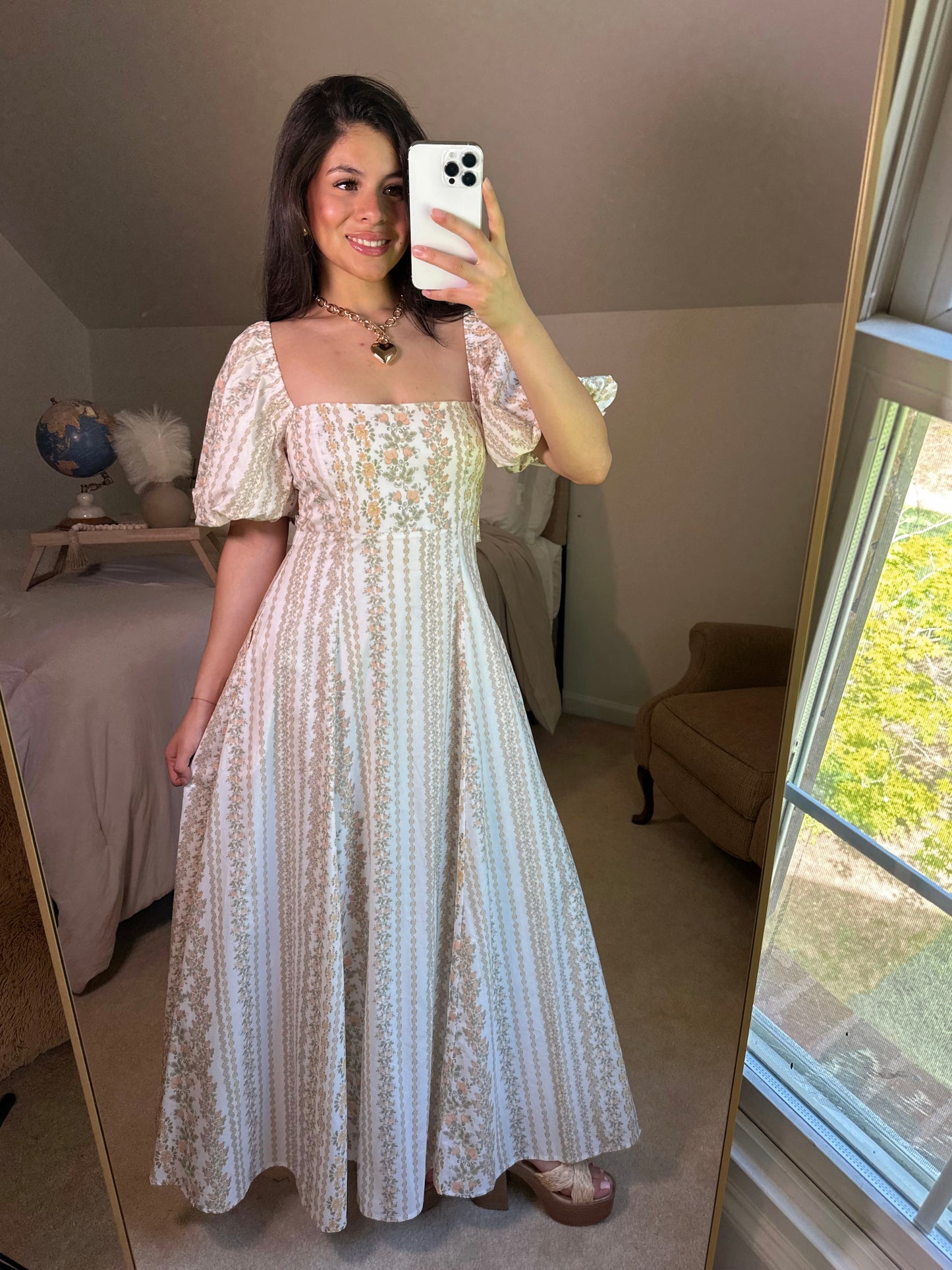 Peach Florals Puff Sleeve Maxi Dress