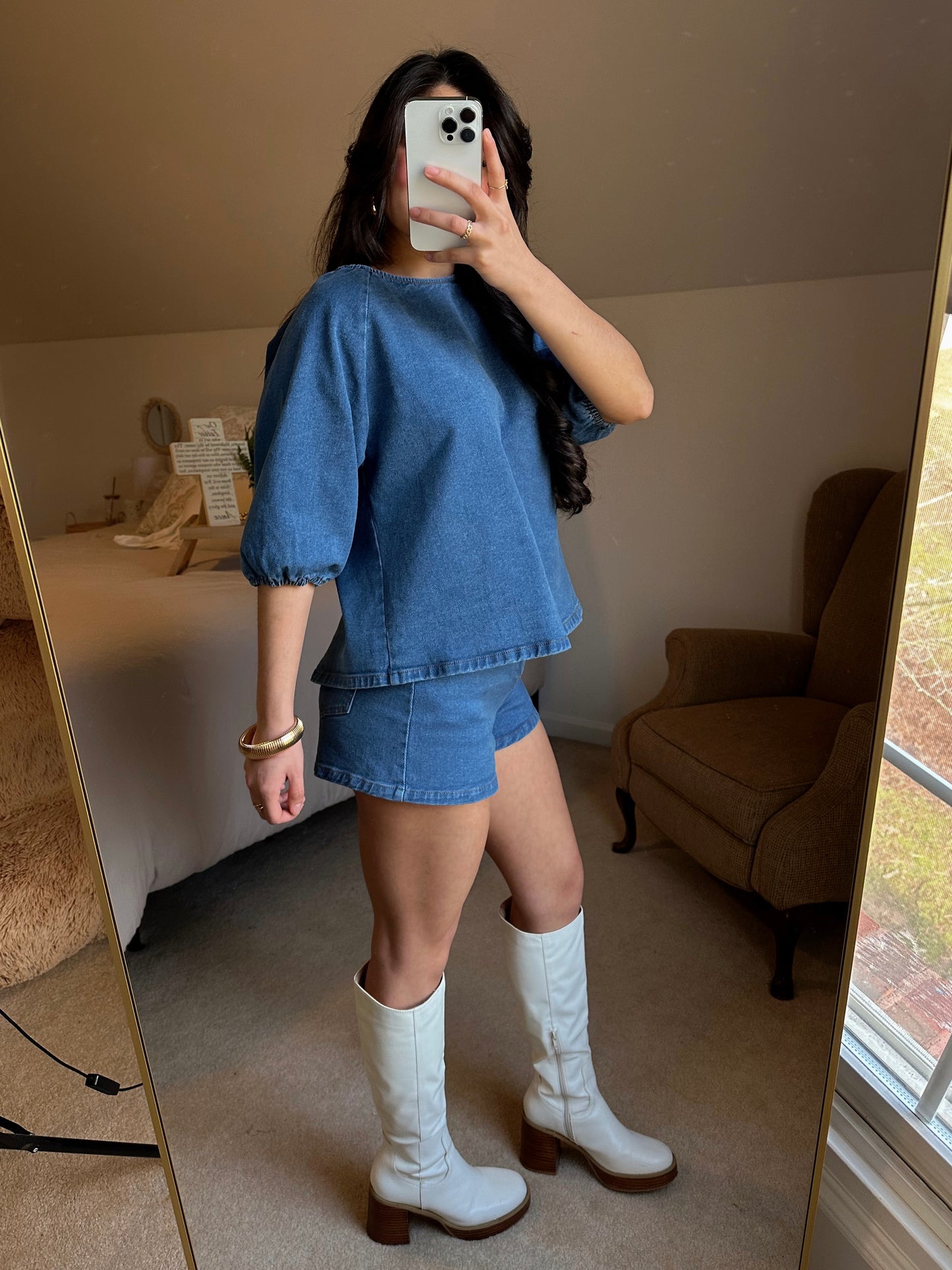 Denim Puff Sleeve Top & Shorts Set