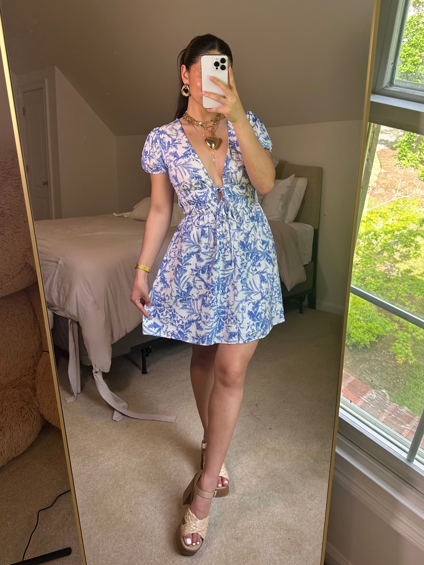 Blue Vines Plunge Neckline Mini Dress