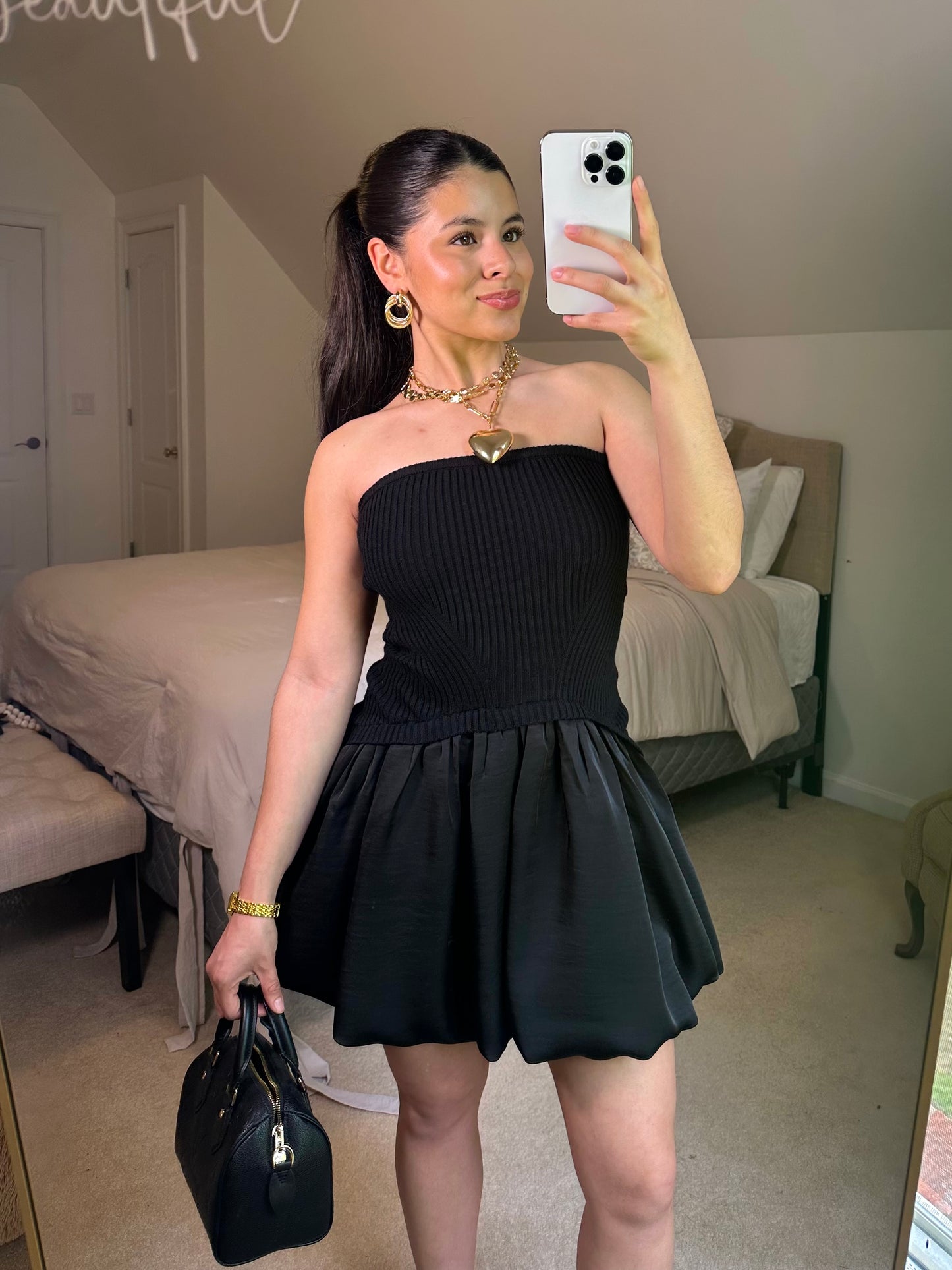Black Mixed Sweater & Bubble Hem Mini Dress