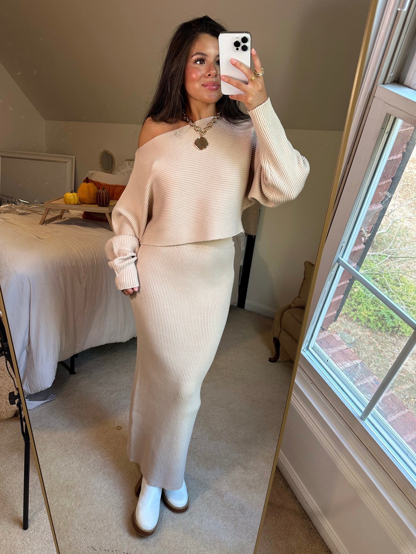 Light Taupe Sweater & Skirt Set