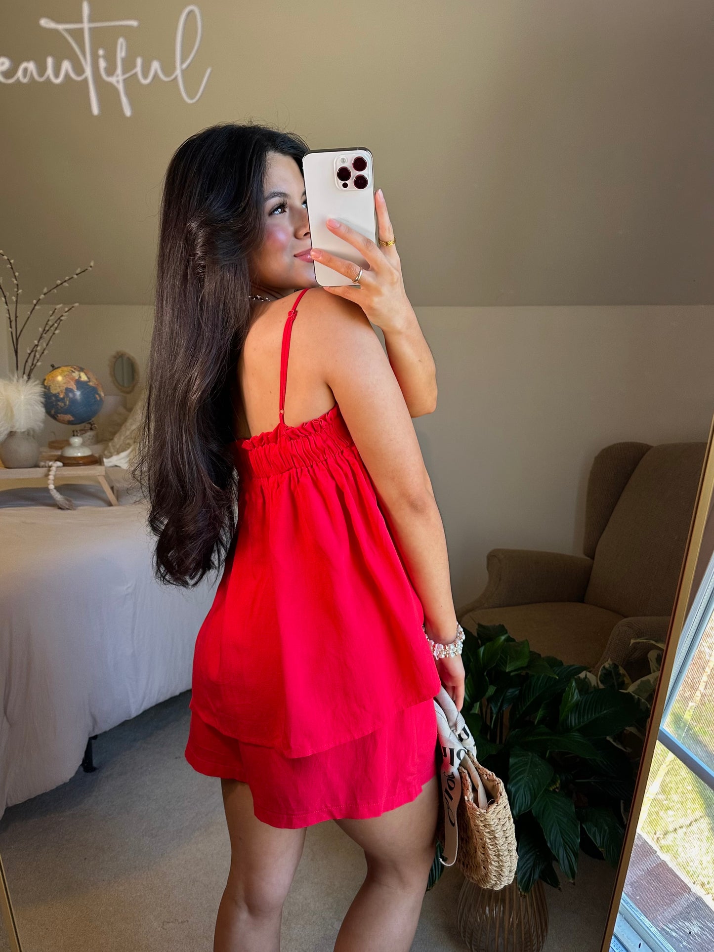 Red Linen Babydoll Top & Shorts Set