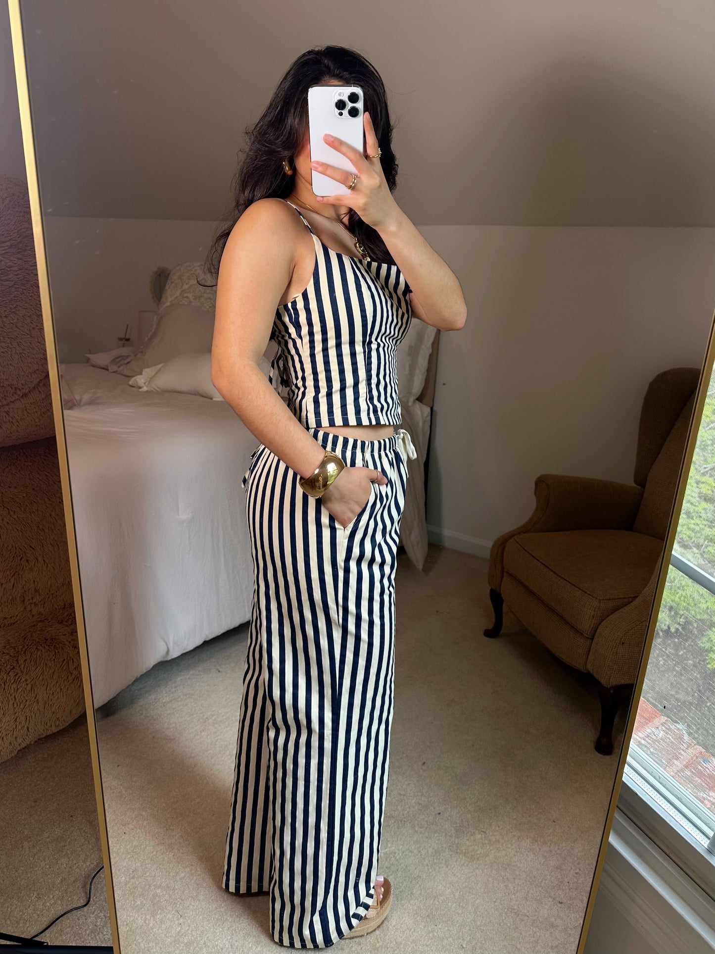 Navy & Ivory Striped Top & Pants Set