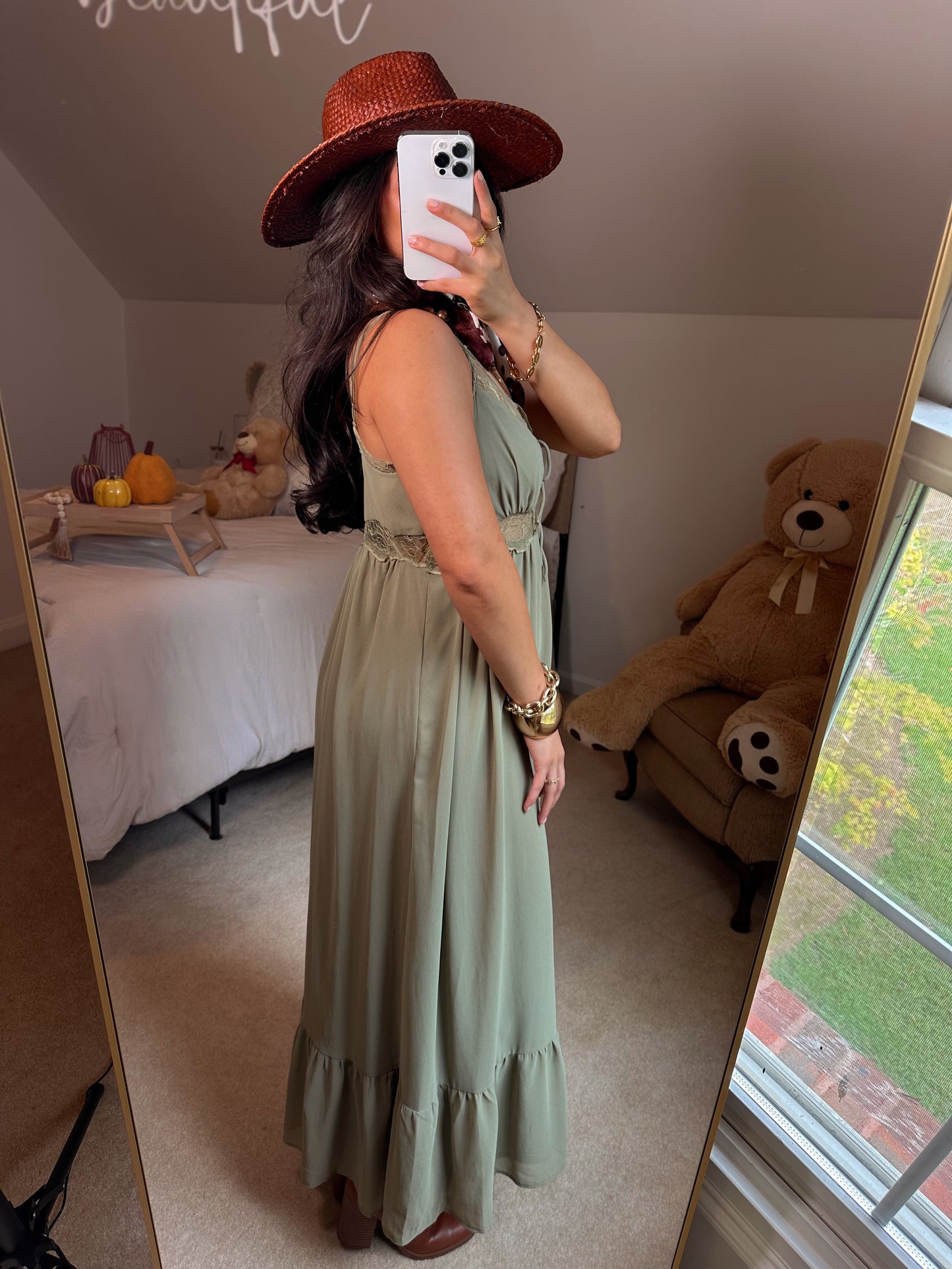 Olive Lace Cut-Out Maxi Dress