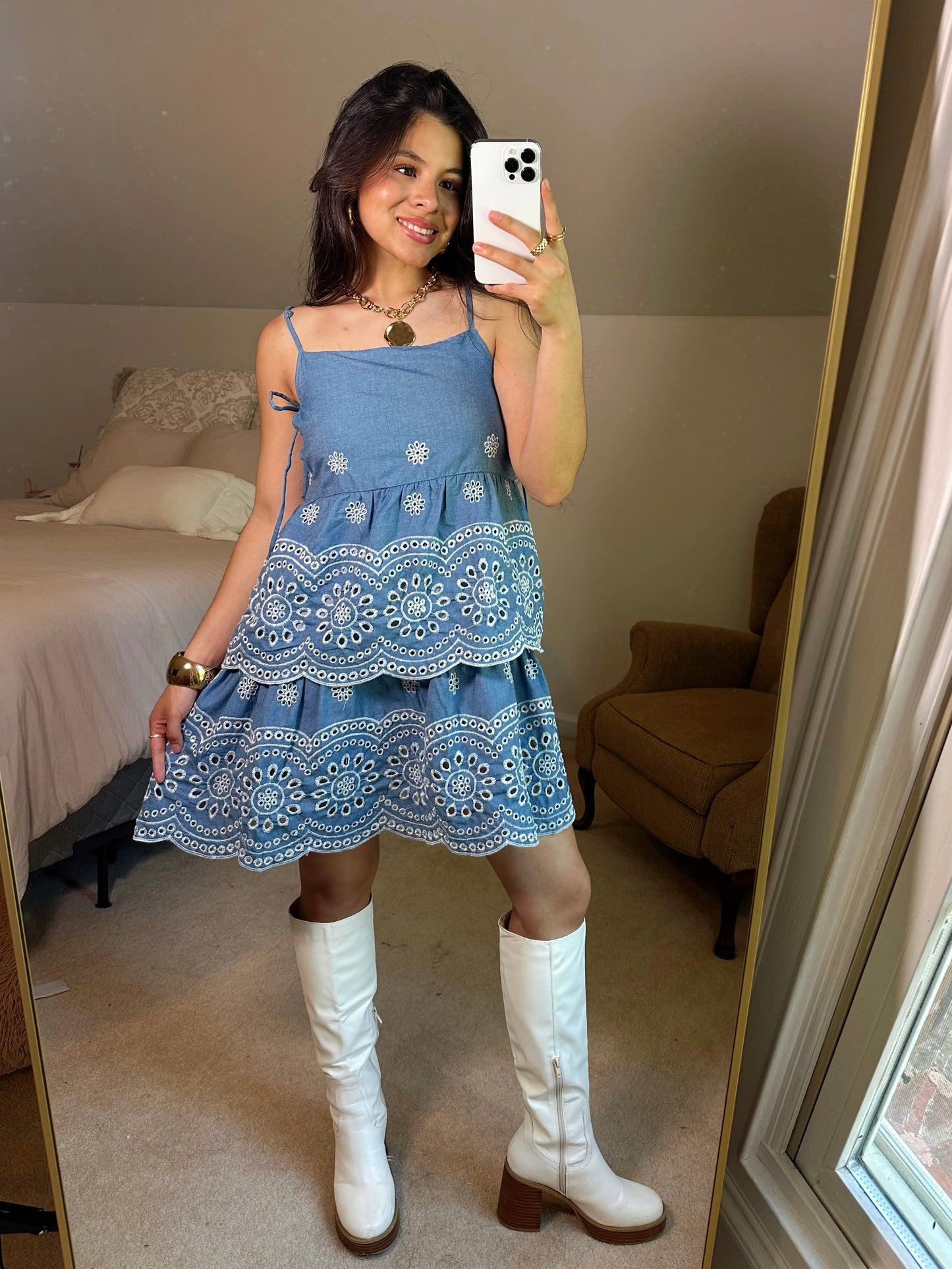 Blue Floral Embroidery Dress