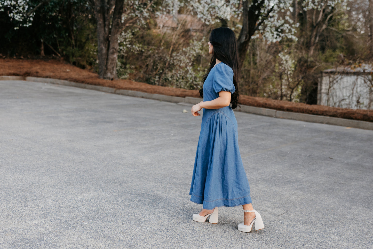 Denim Pleated Drop Waist Maxi Dress