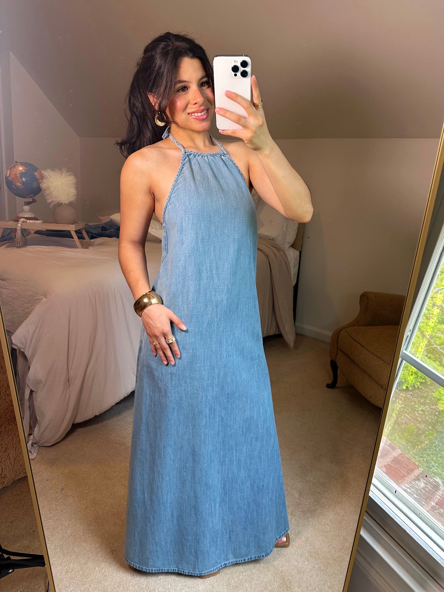 Denim Halter Open Back Maxi Dress