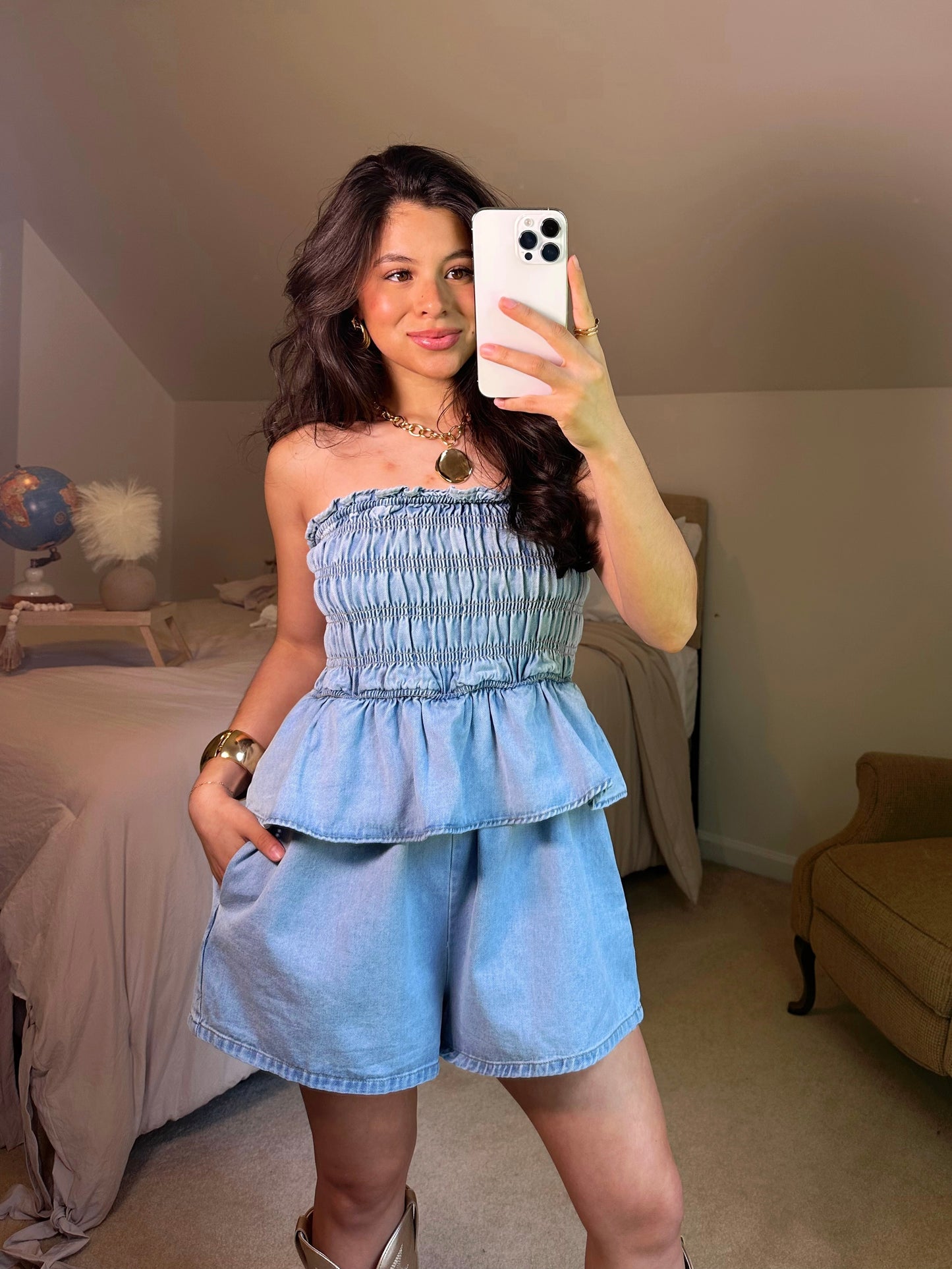 Denim Smocked Strapless Romper