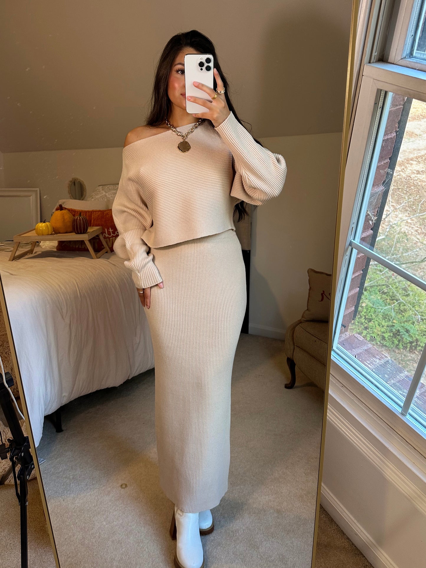Light Taupe Sweater & Skirt Set