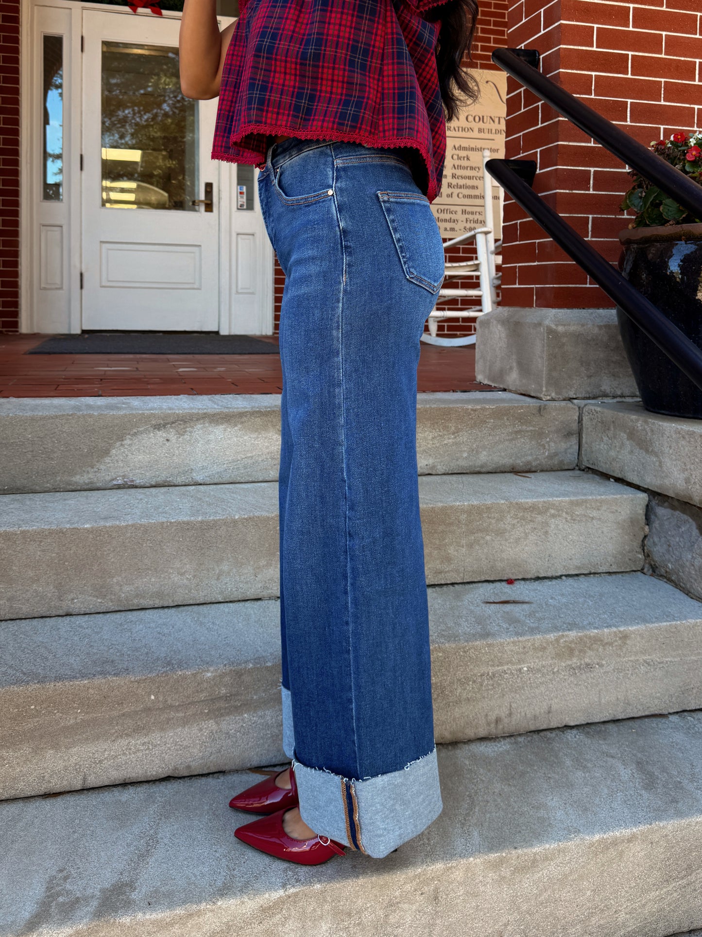 Dark Denim Wide Leg Cuffed Jeans