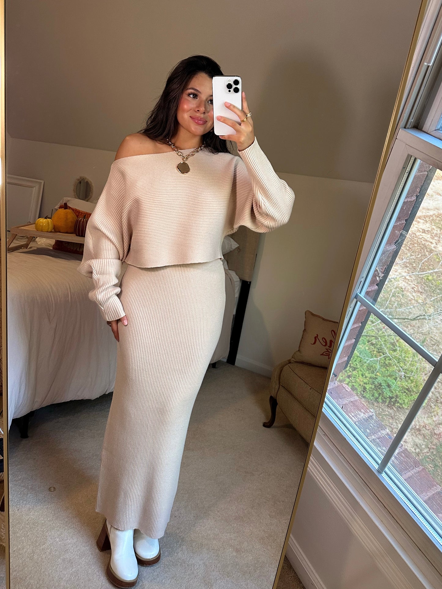 Light Taupe Sweater & Skirt Set