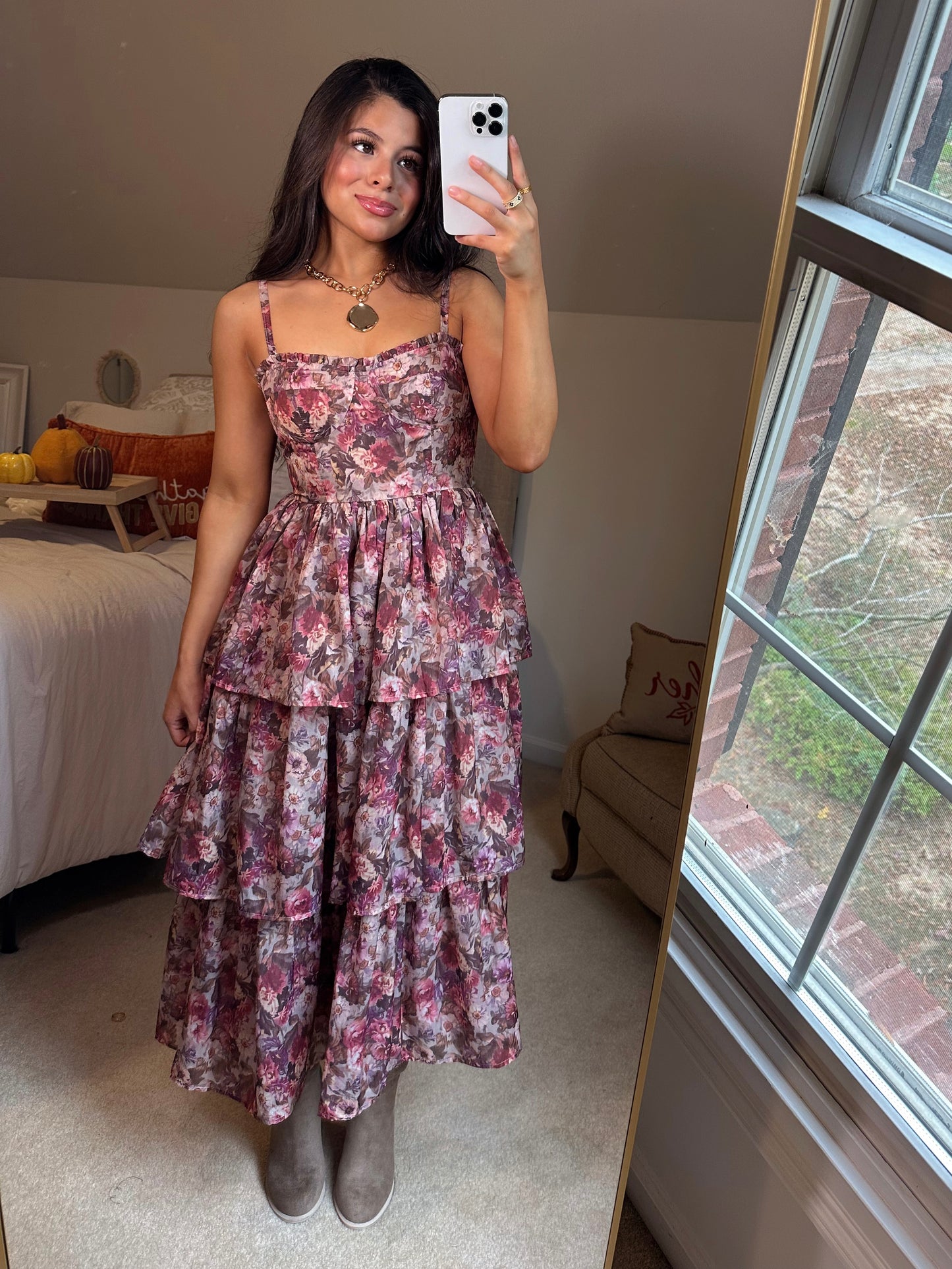 Pink Hues Floral Tiered Midi Dress