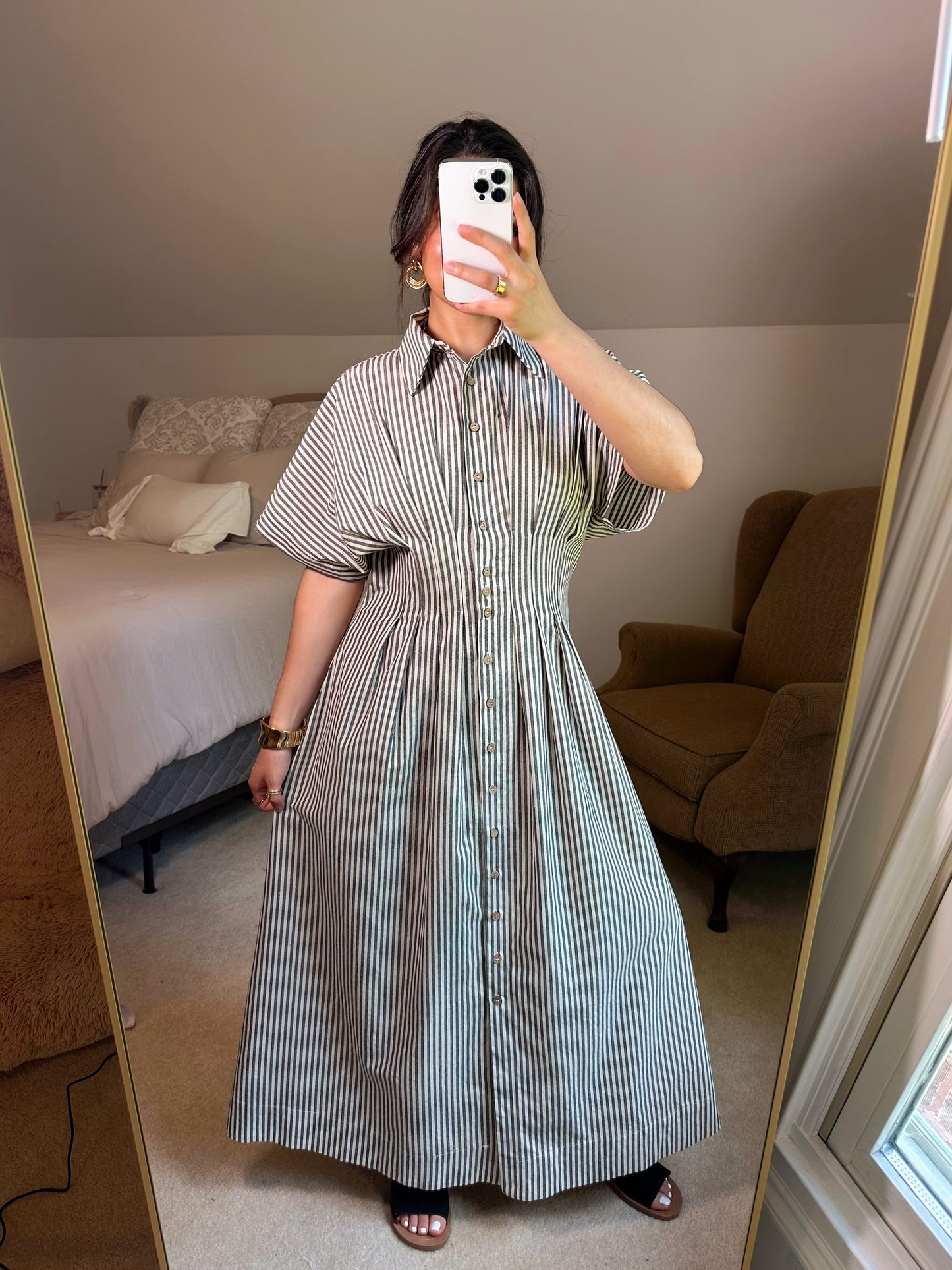 Black & White Striped Pleated Maxi Button Up Dress