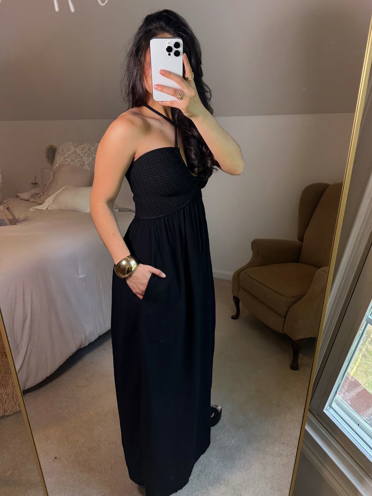 Vacation Black Halter Crochet Maxi Dress