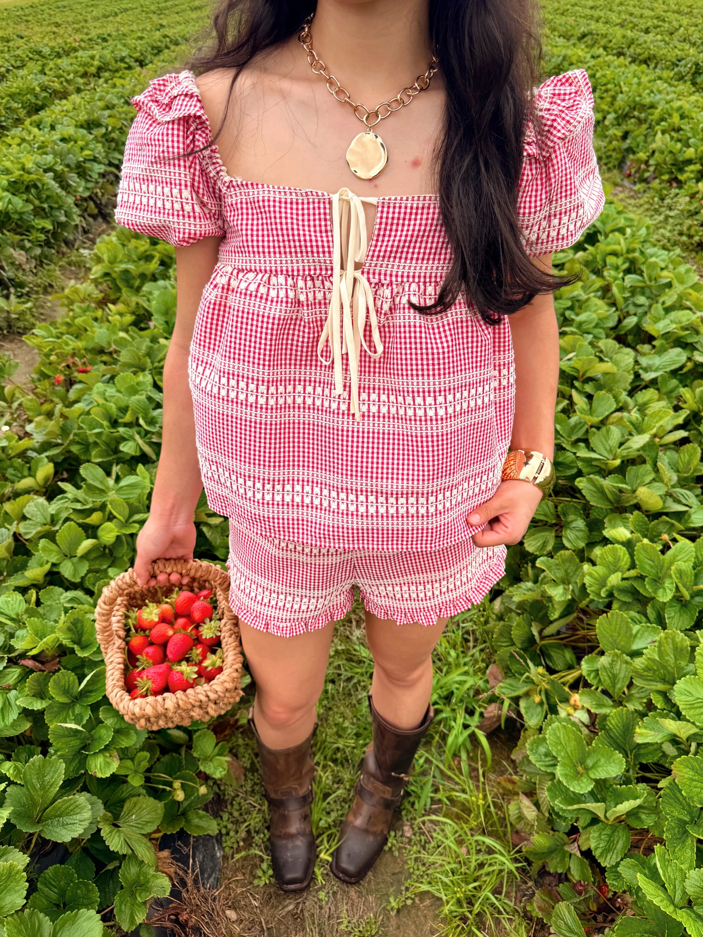 Strawberry Farms Red Gingham Top & Short Set