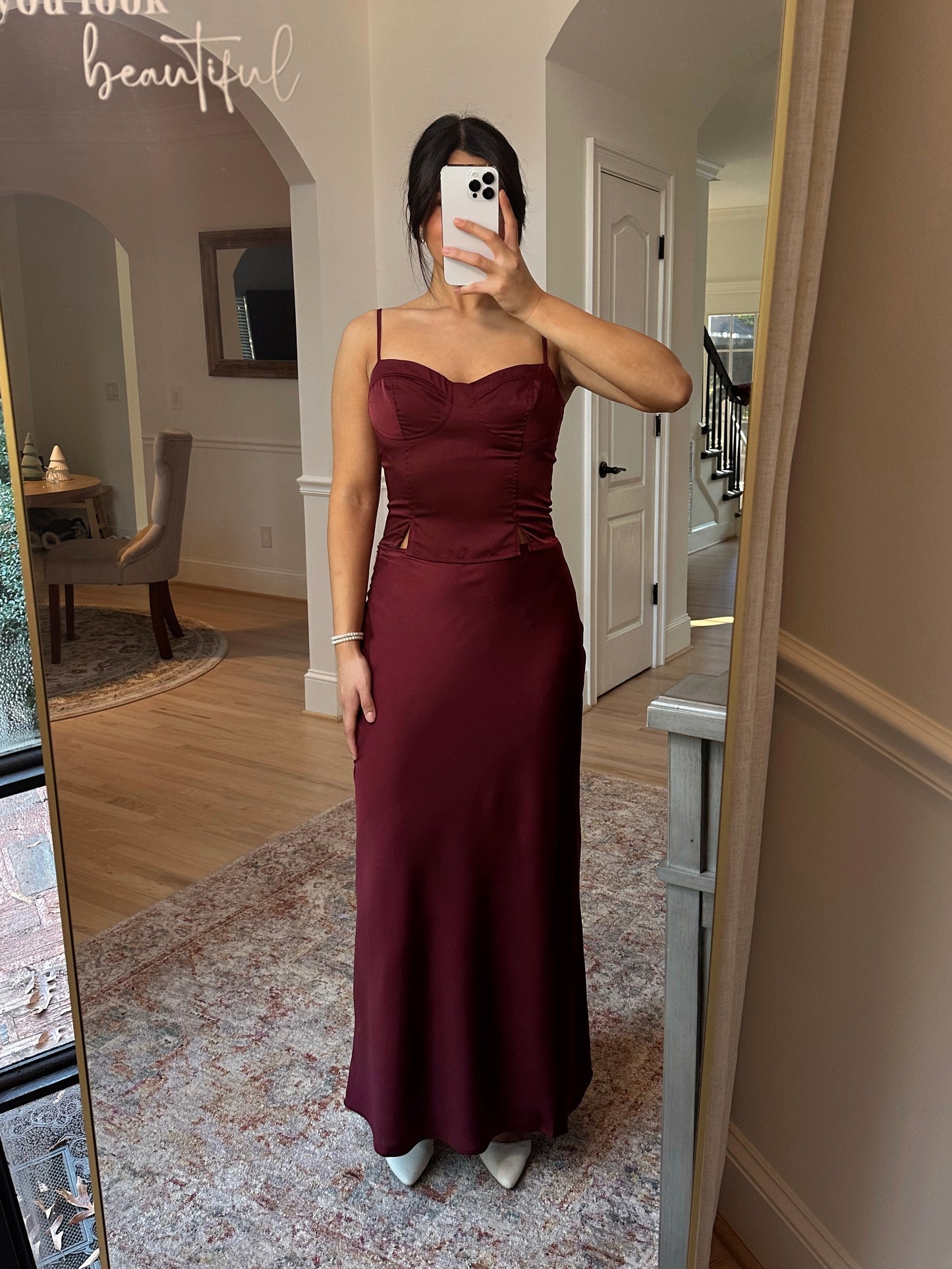 Burgundy Satin Top & Skirt Set