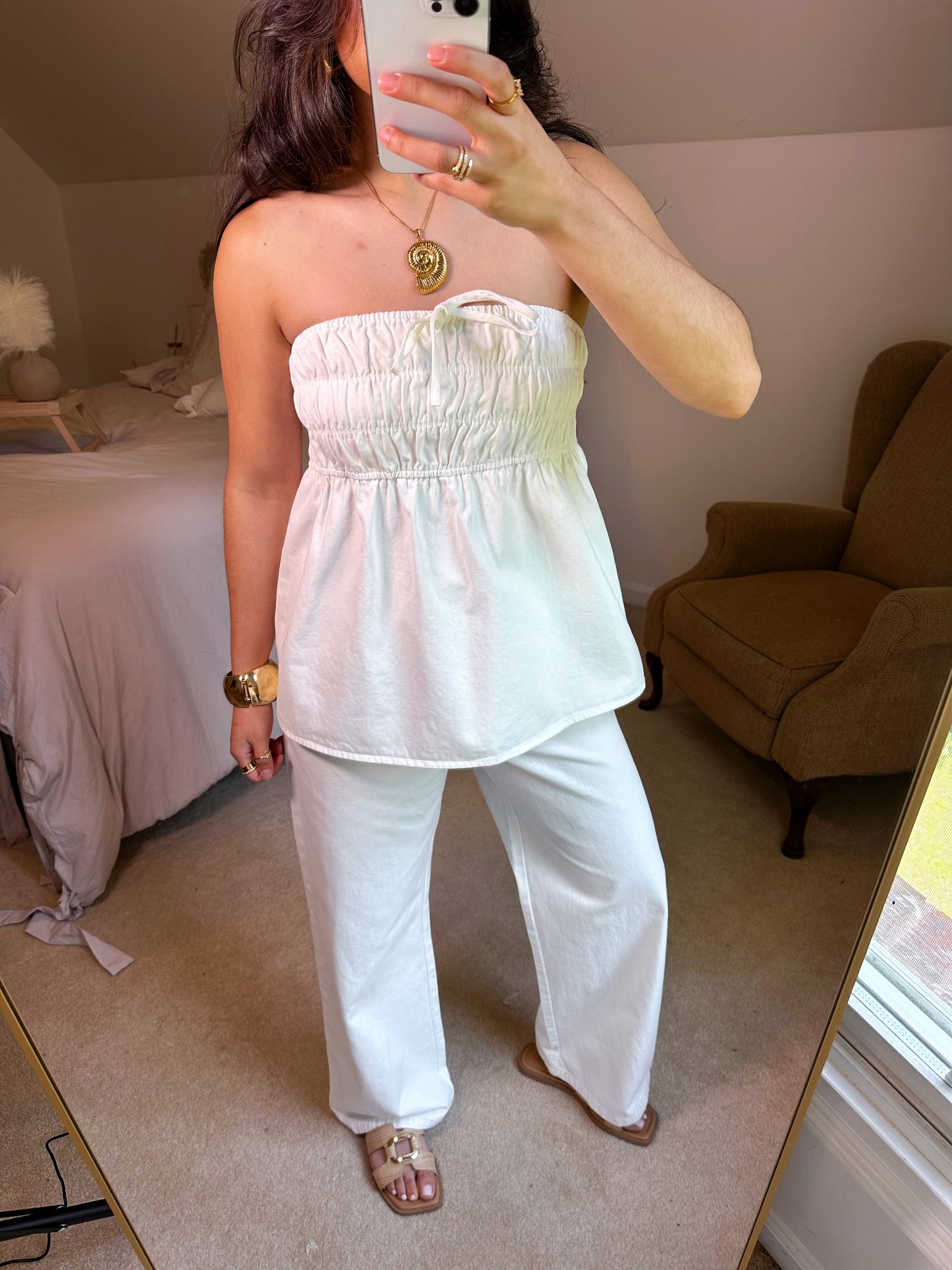 Ruched Top & Pant White Denim Set