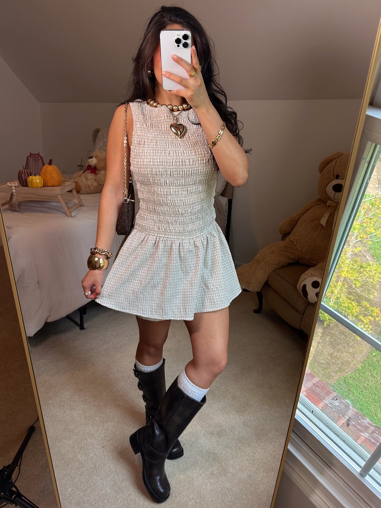 Taupe & White Gingham Romper