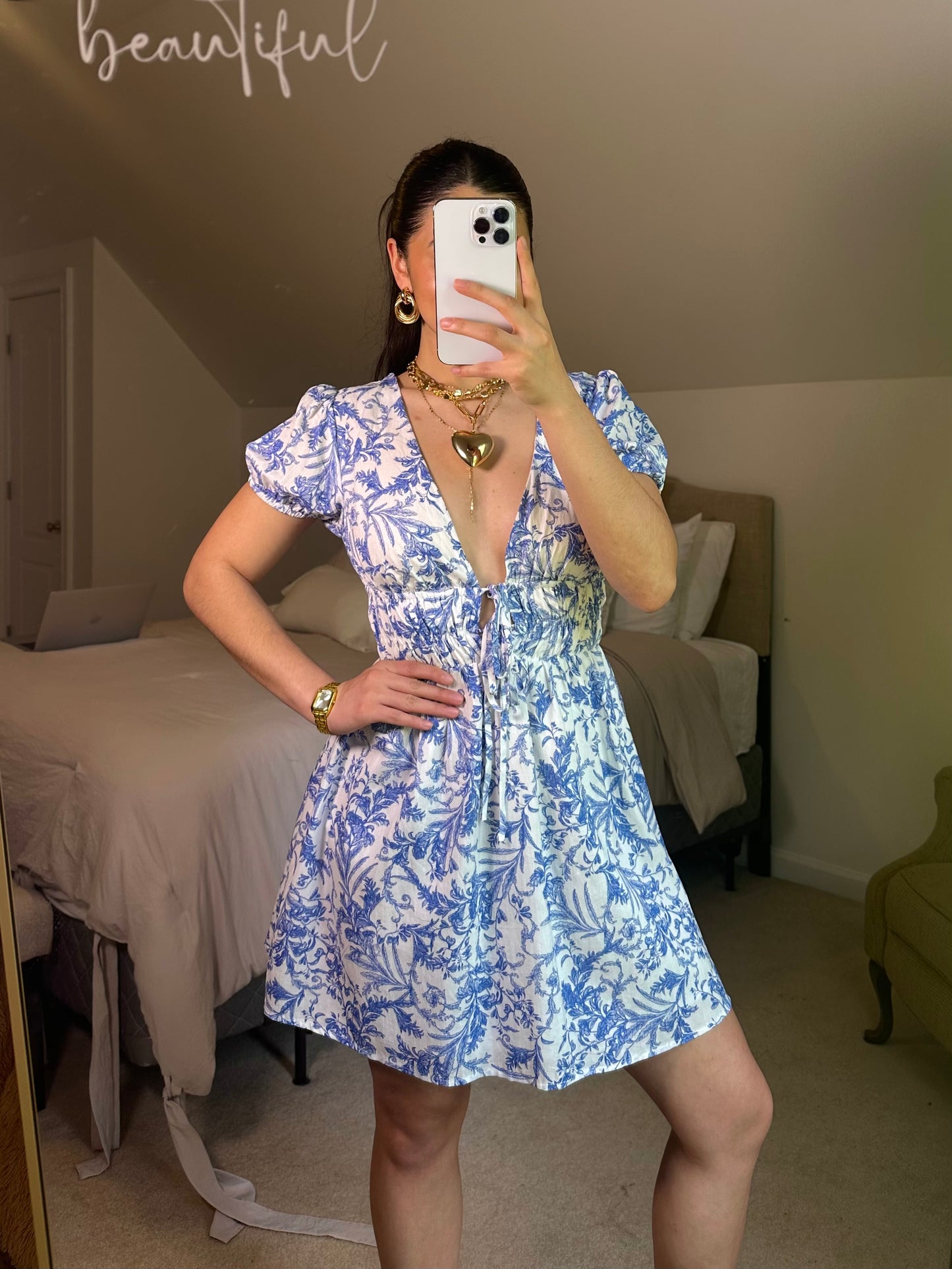 Blue Vines Plunge Neckline Mini Dress