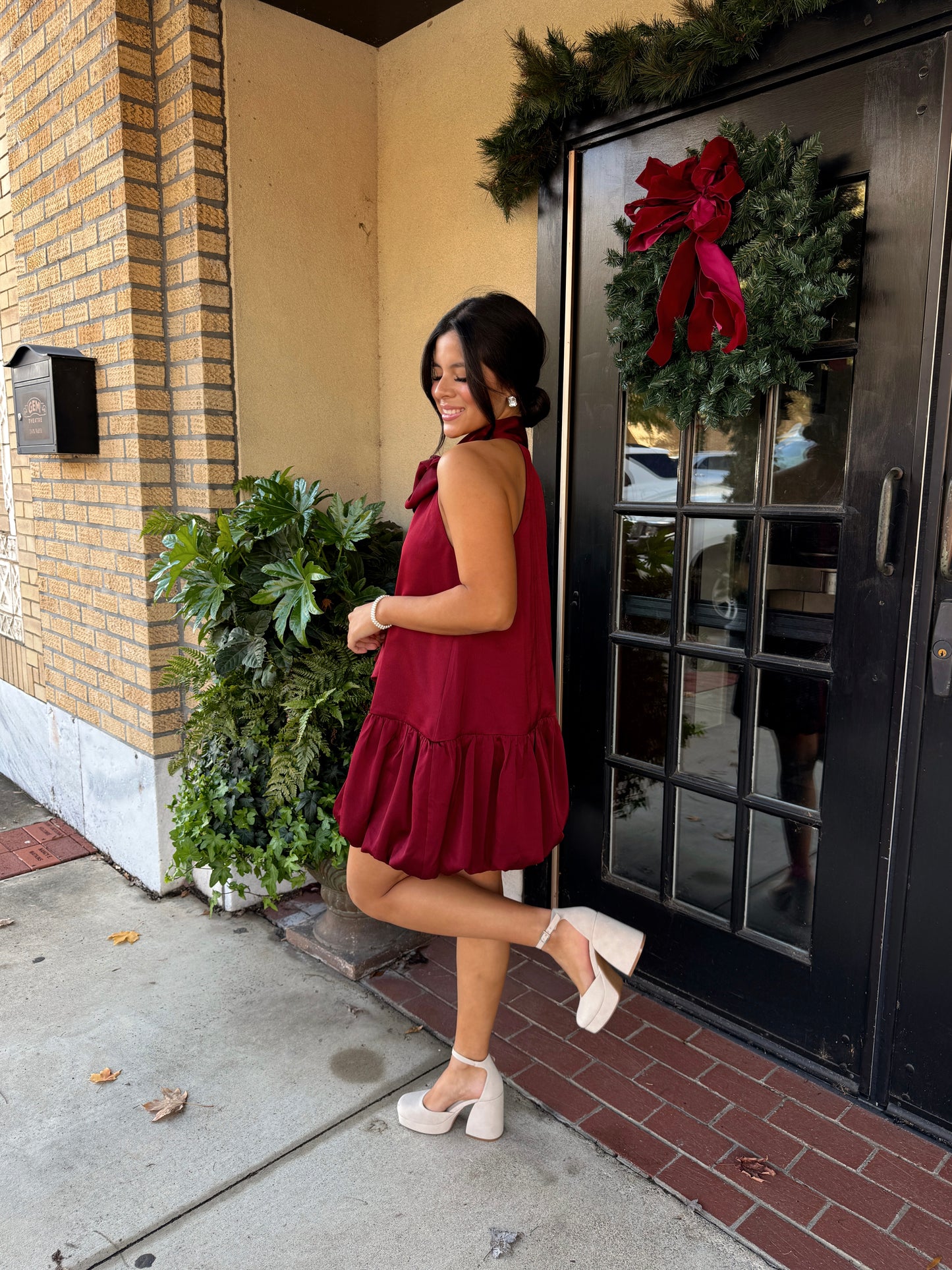 Wine Satin Halter Bow Dress