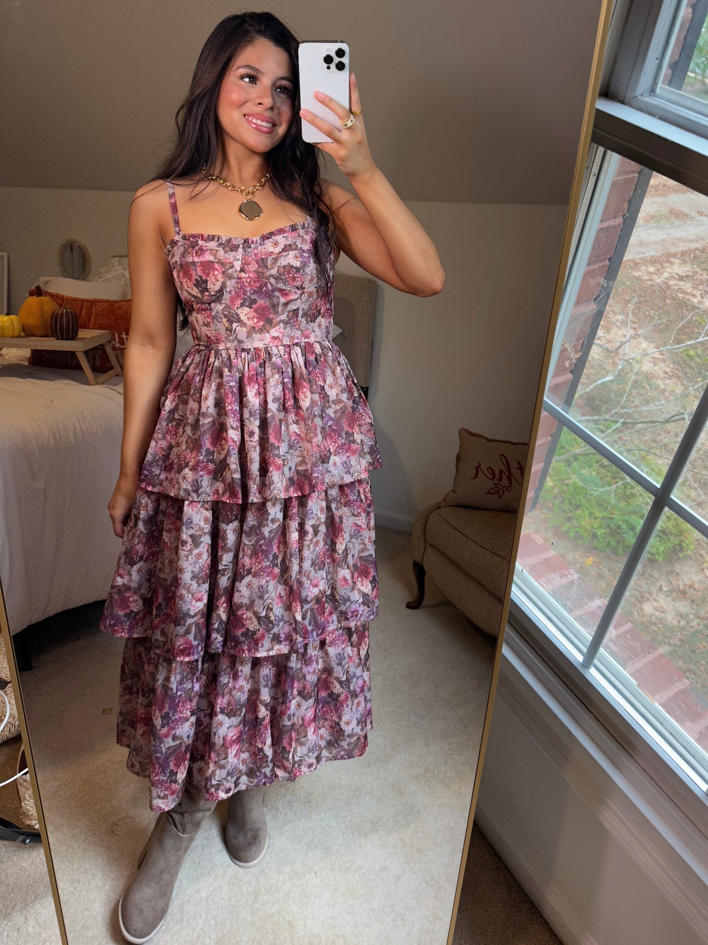 Pink Hues Floral Tiered Midi Dress