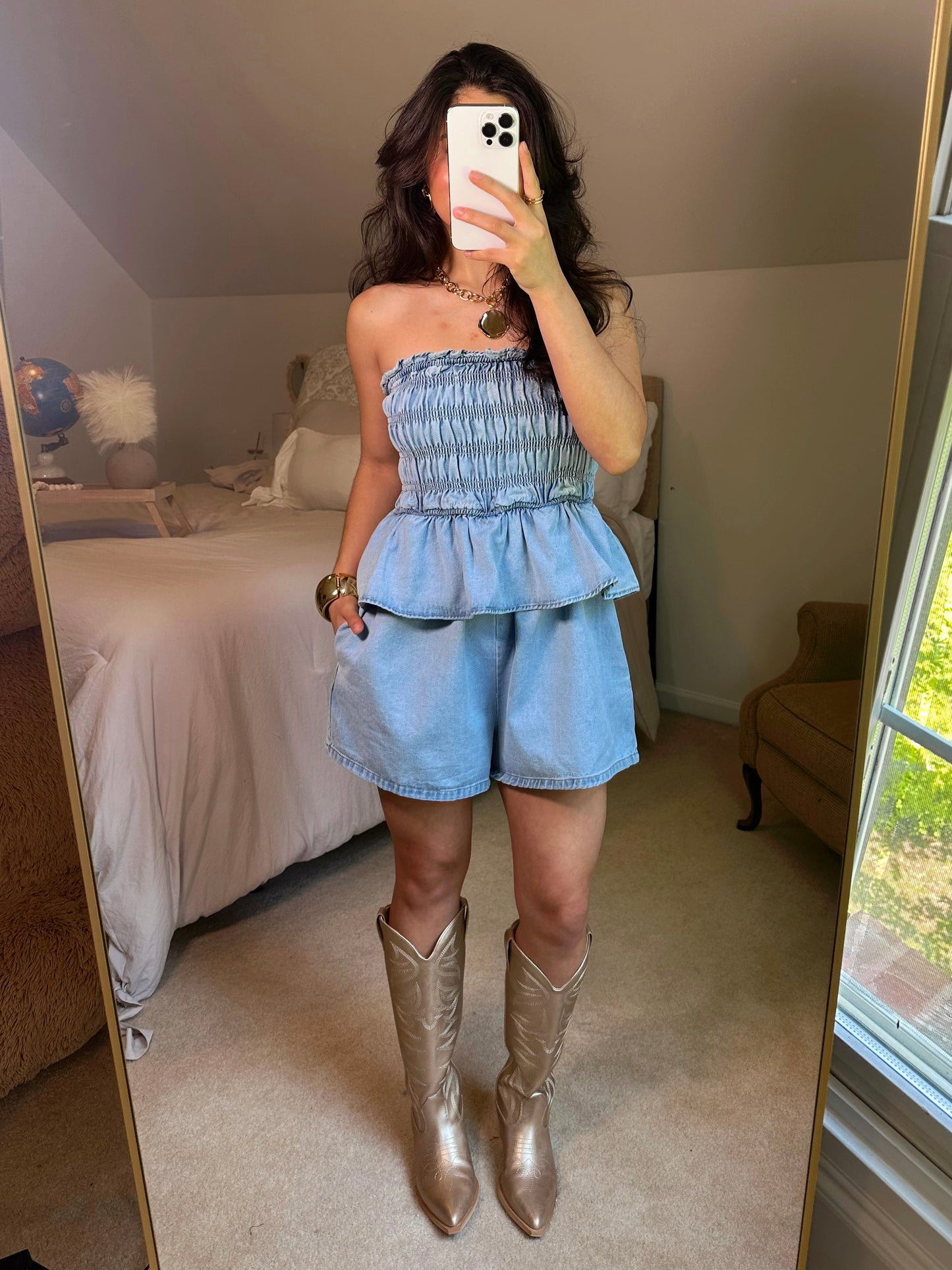 Denim Smocked Strapless Romper