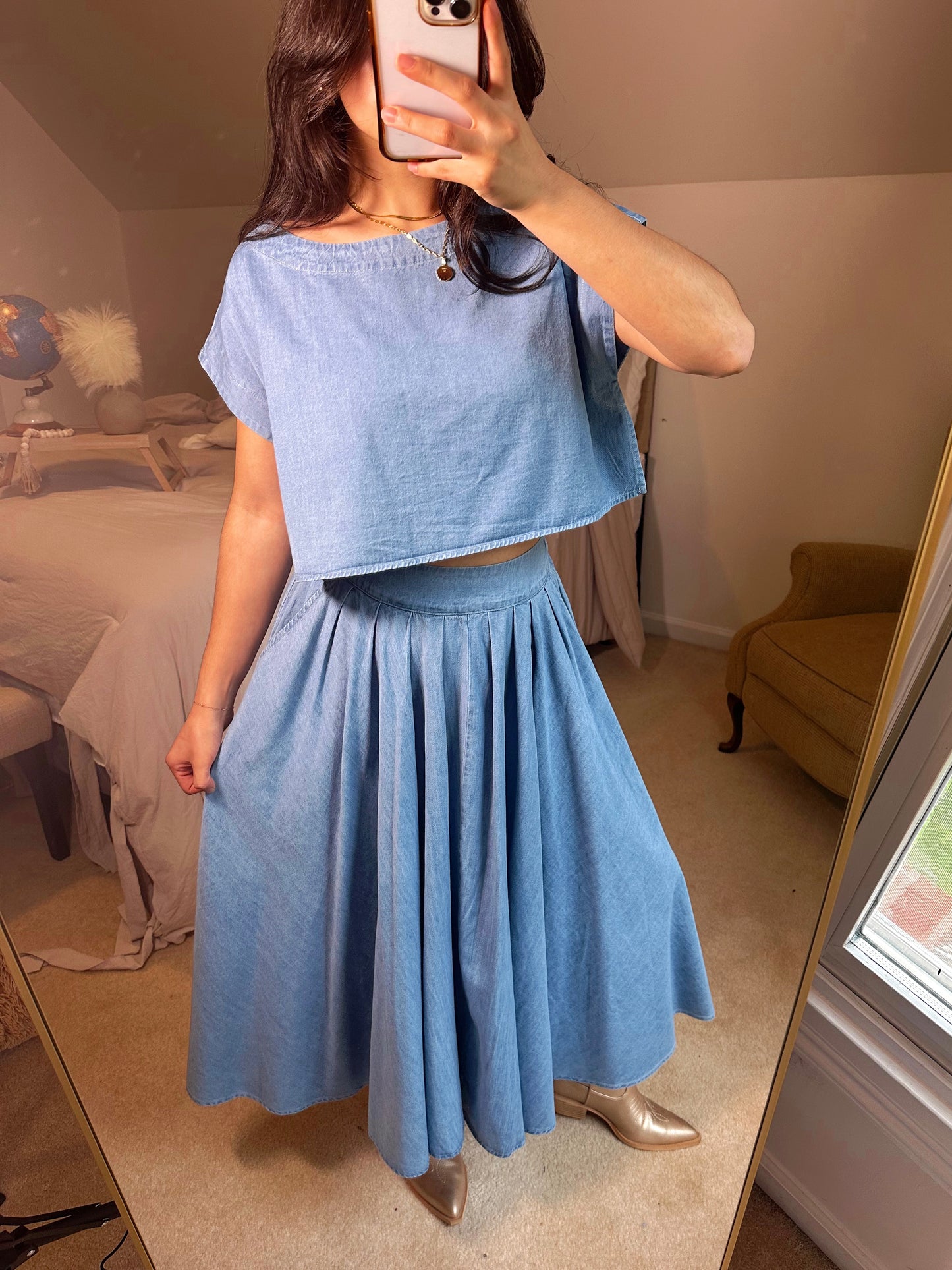 Denim Top and Poplin Pleated Skirt Set