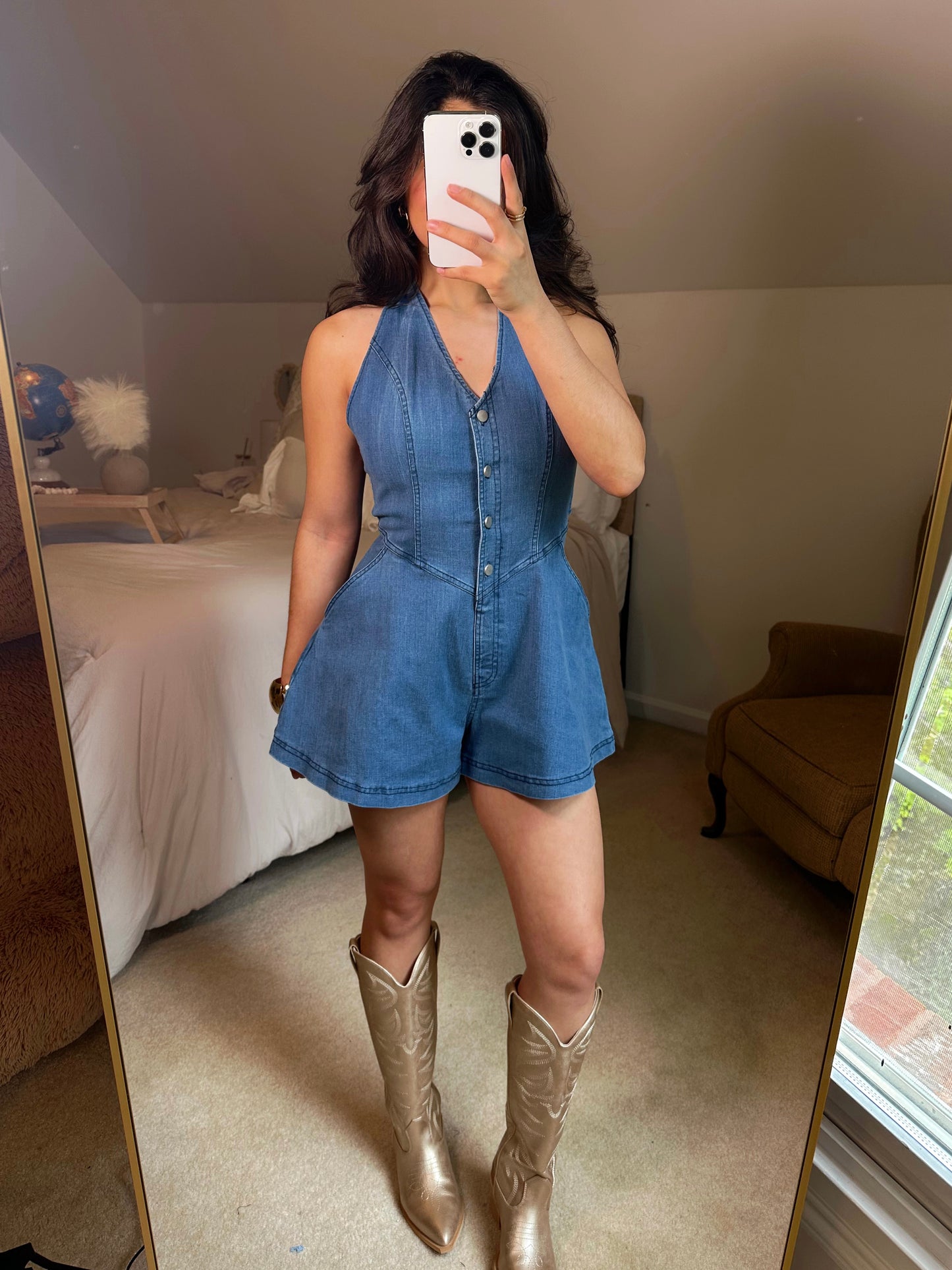 Girly Halter Open Back Denim Romper