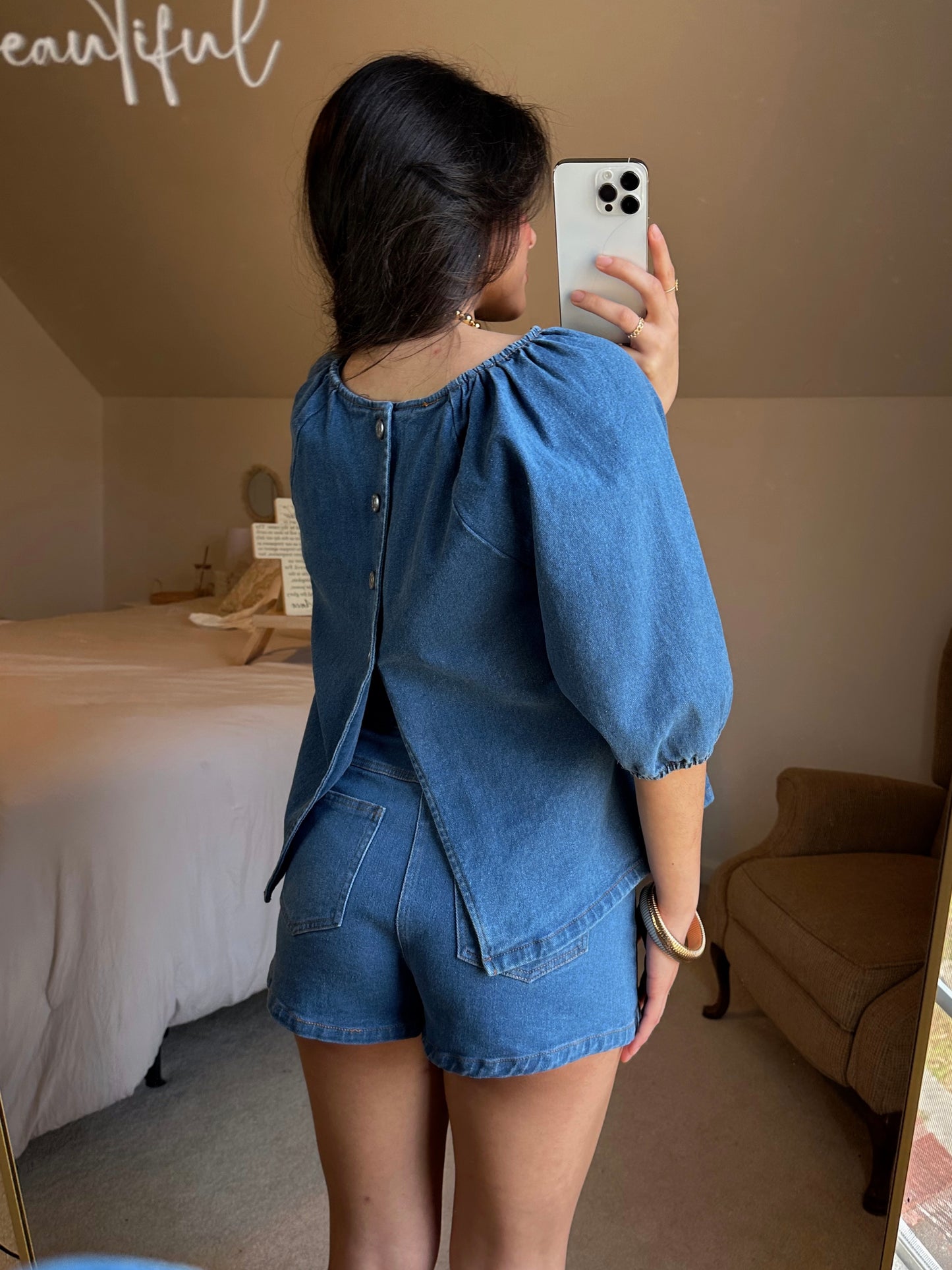 Denim Puff Sleeve Top & Shorts Set