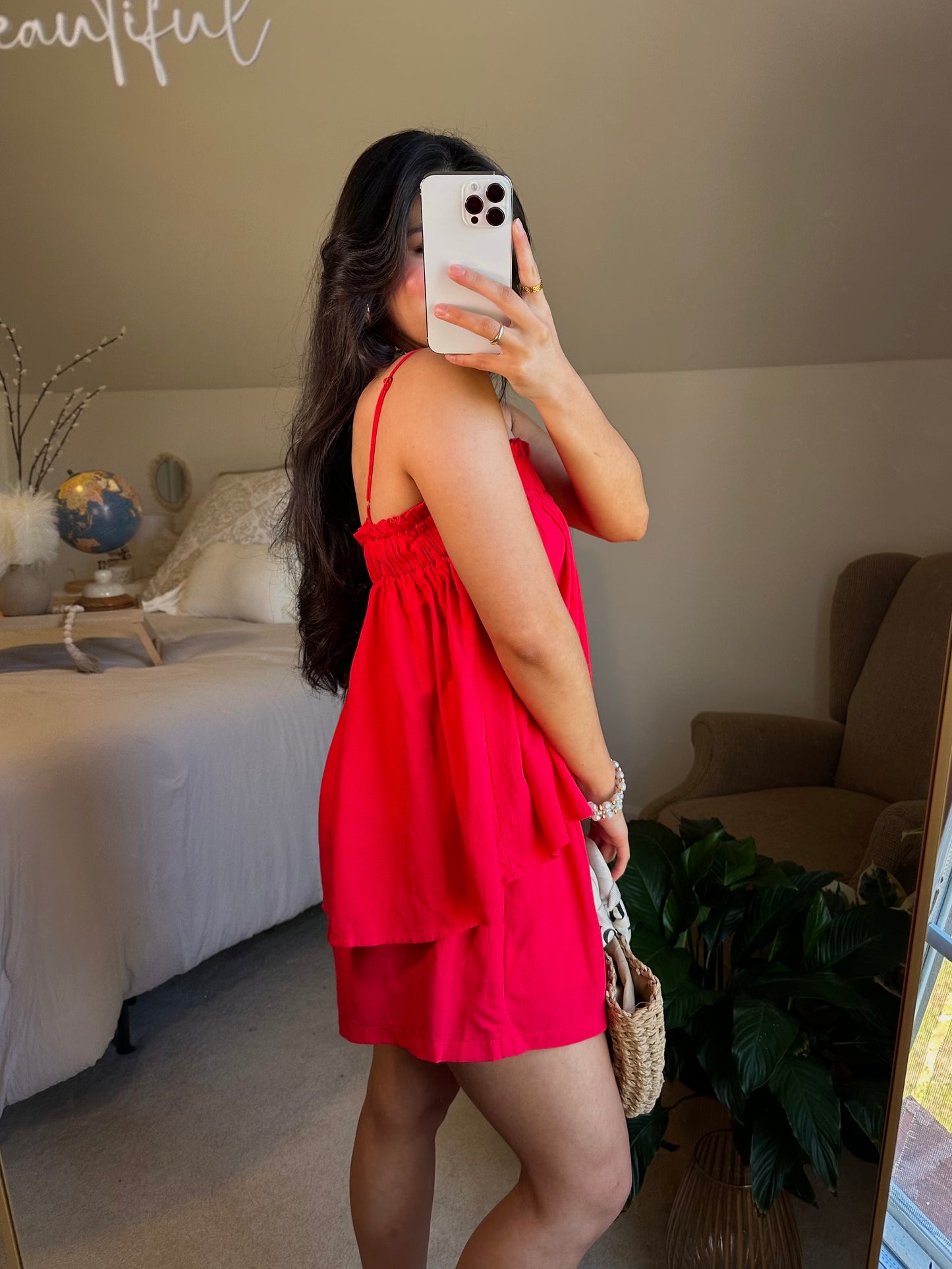 Red Linen Babydoll Top & Shorts Set