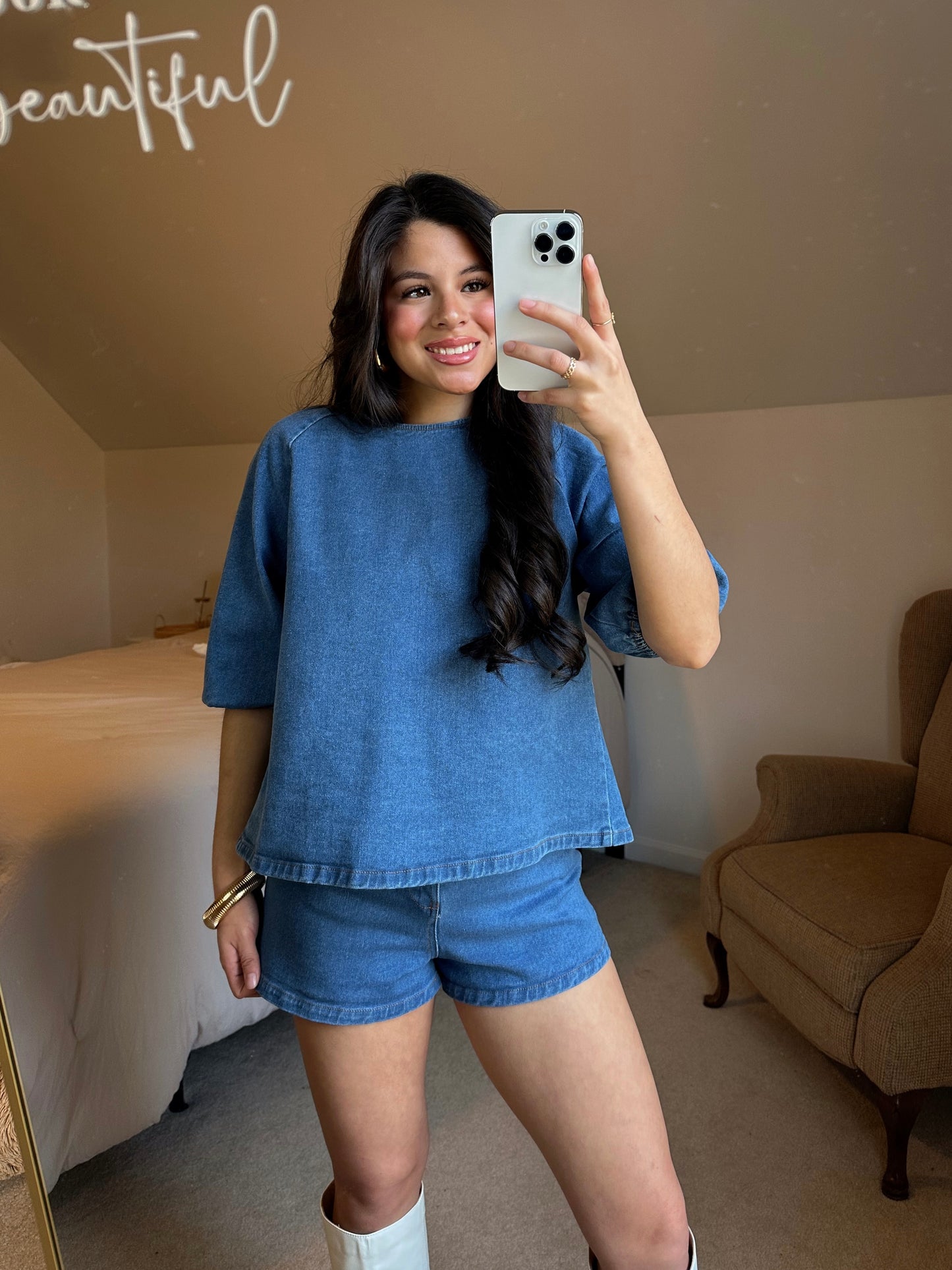 Denim Puff Sleeve Top & Shorts Set