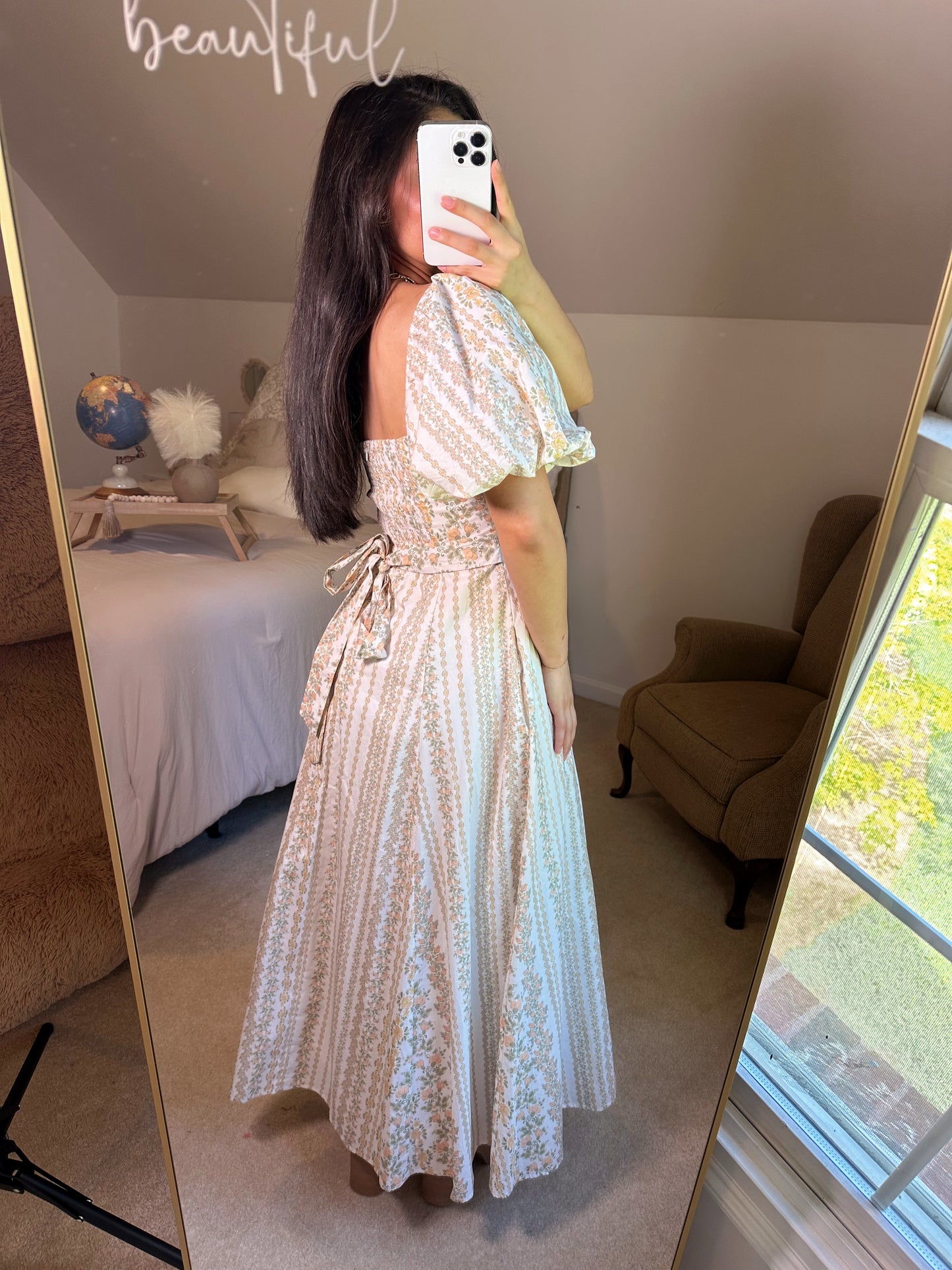 Peach Florals Puff Sleeve Maxi Dress