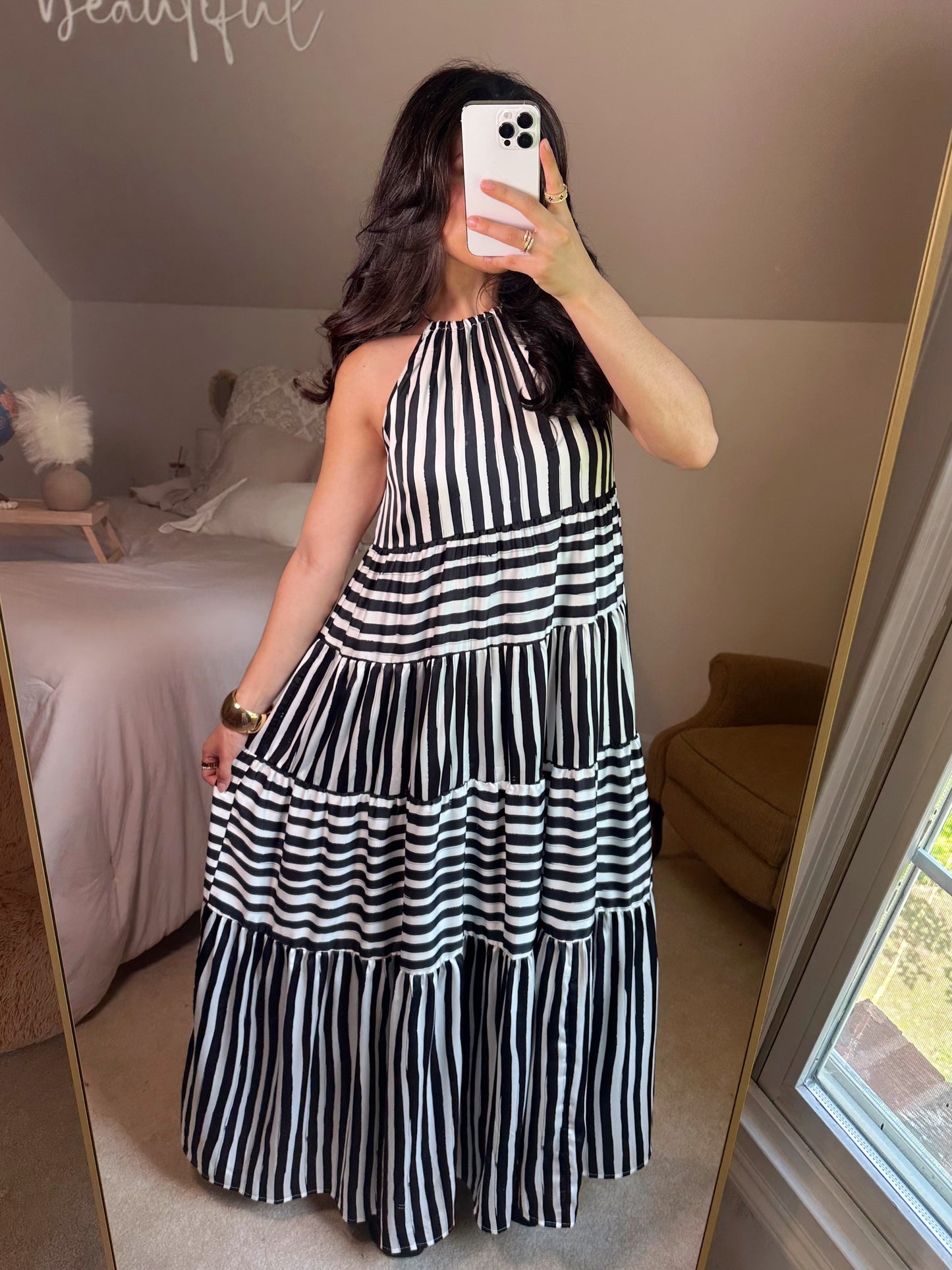 Black & White Striped Halter Maxi Dress