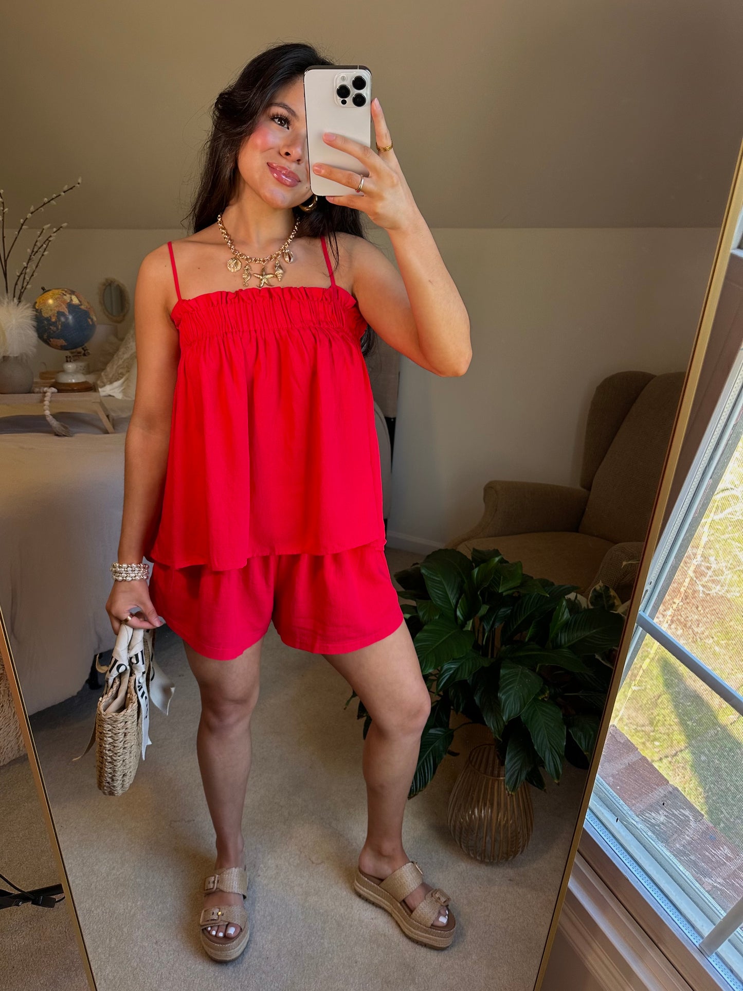 Red Linen Babydoll Top & Shorts Set