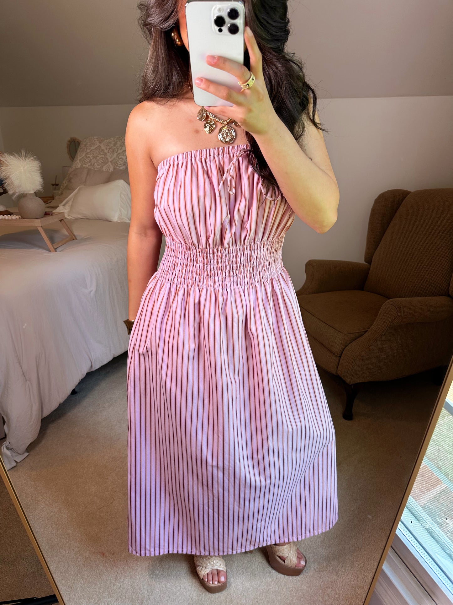 Pink Striped Tube Midi Dress