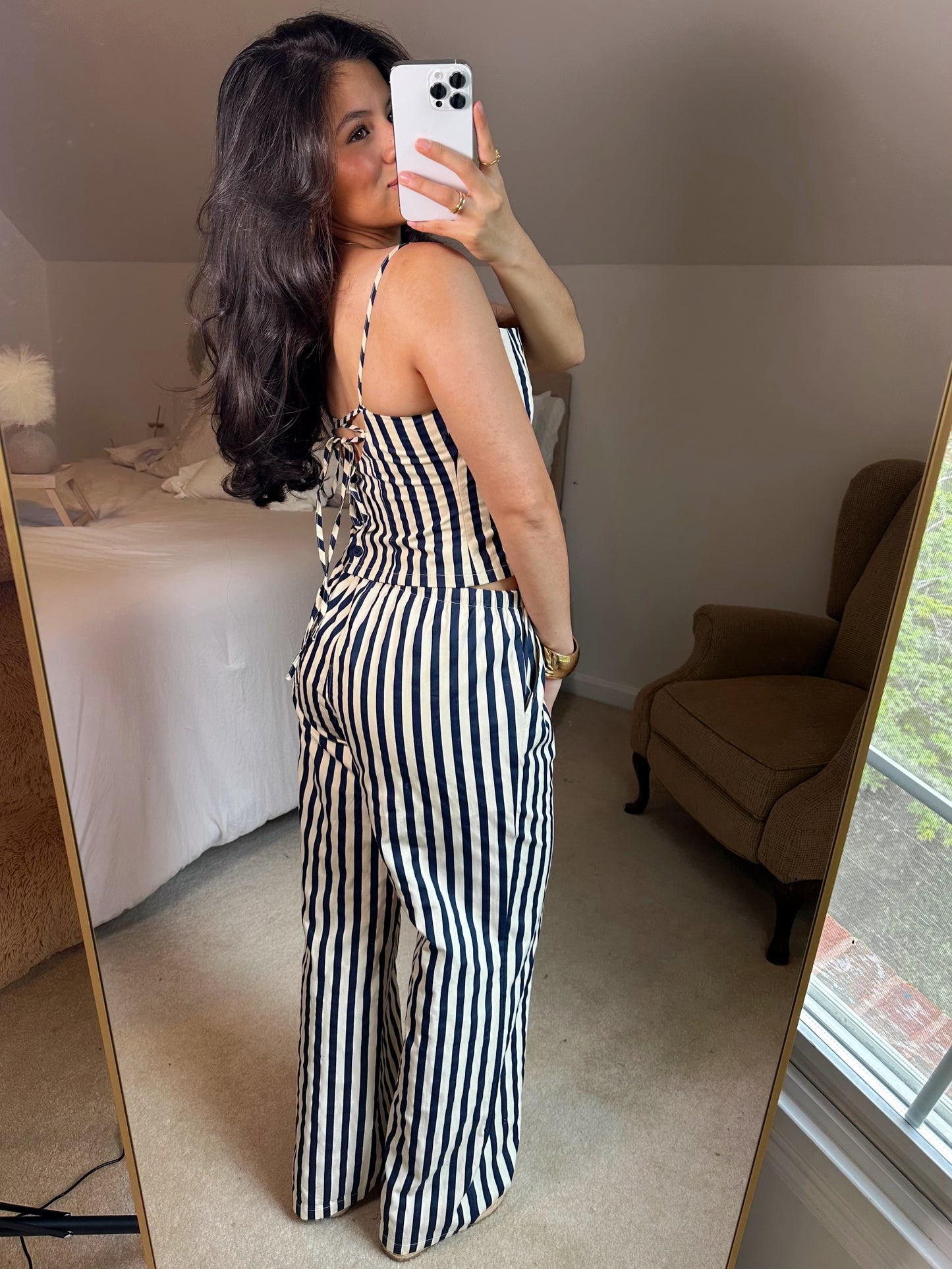 Navy & Ivory Striped Top & Pants Set