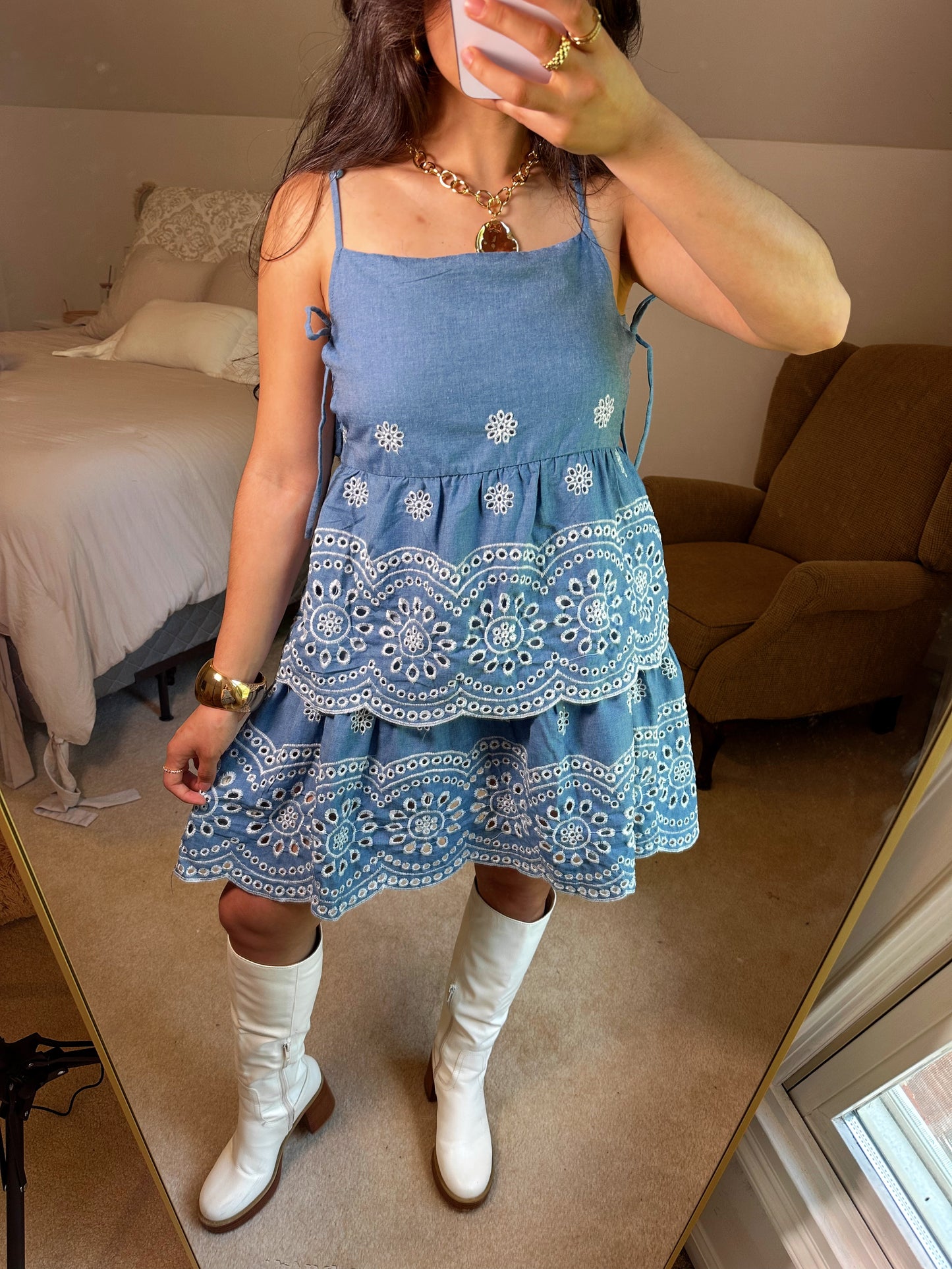 Blue Floral Embroidery Dress
