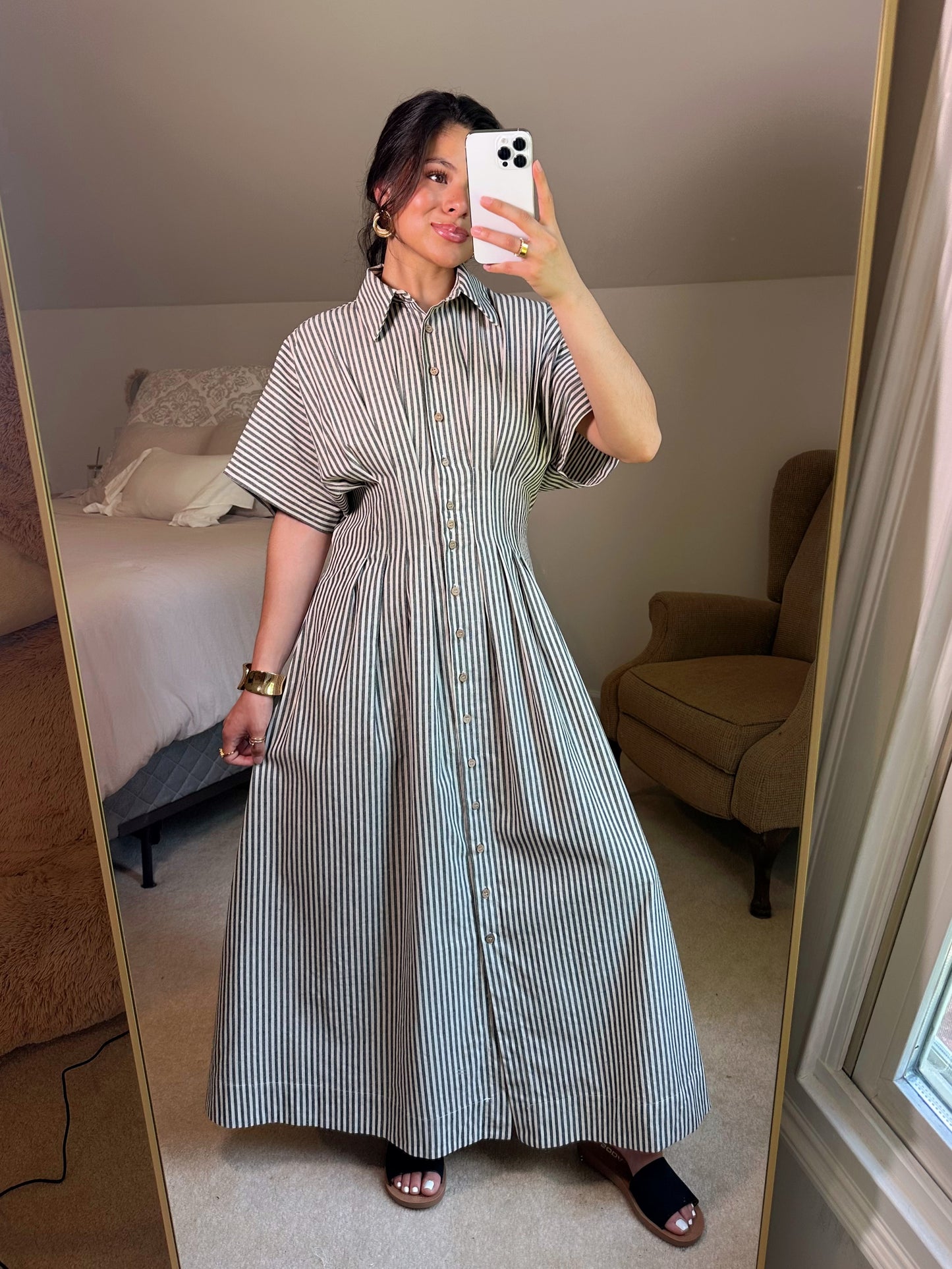 Black & White Striped Pleated Maxi Button Up Dress
