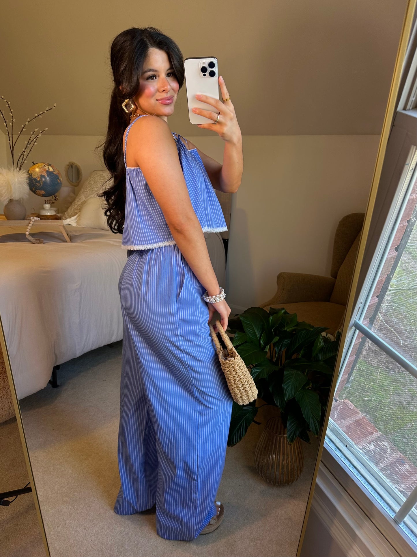 Blue Striped Poplin Cami & Pants Set