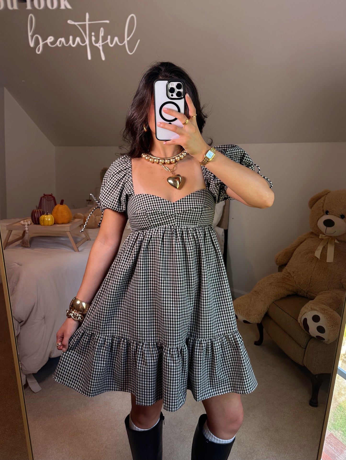 Black Gingham Babydoll Dress