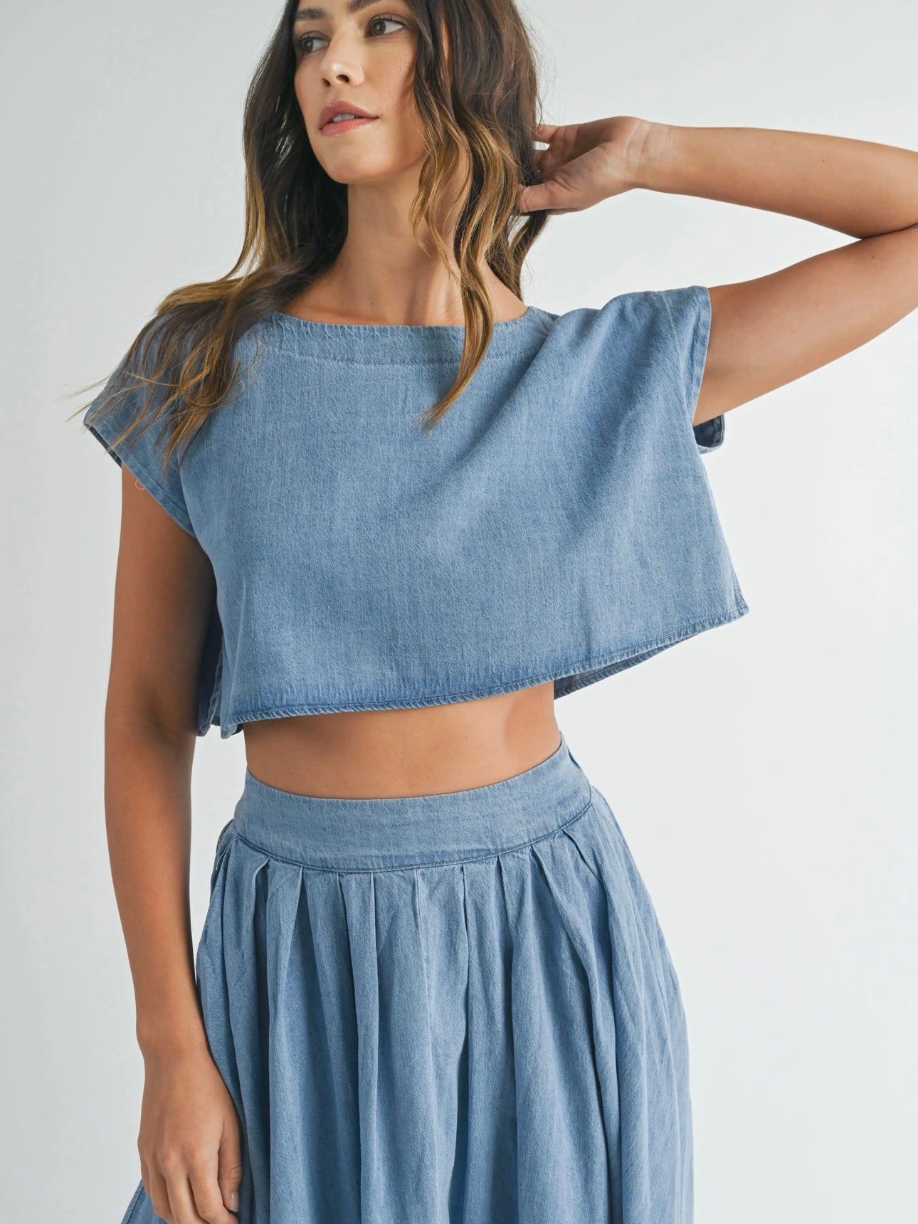 Denim Top and Poplin Pleated Skirt Set