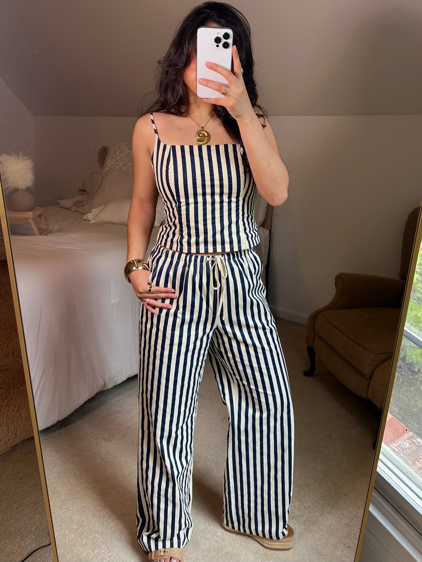 Navy & Ivory Striped Top & Pants Set