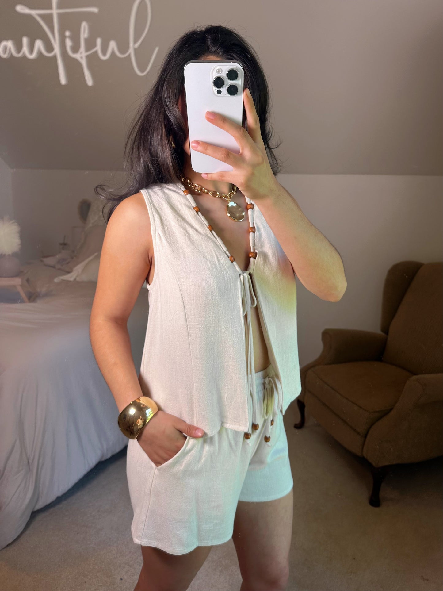 Tiki Beaded Open Front Top & Short Set